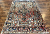 Antique Persian Heriz Rug 6x8, Geometric Medallion, 1920s Oriental Carpet, Handmade Wool Rug