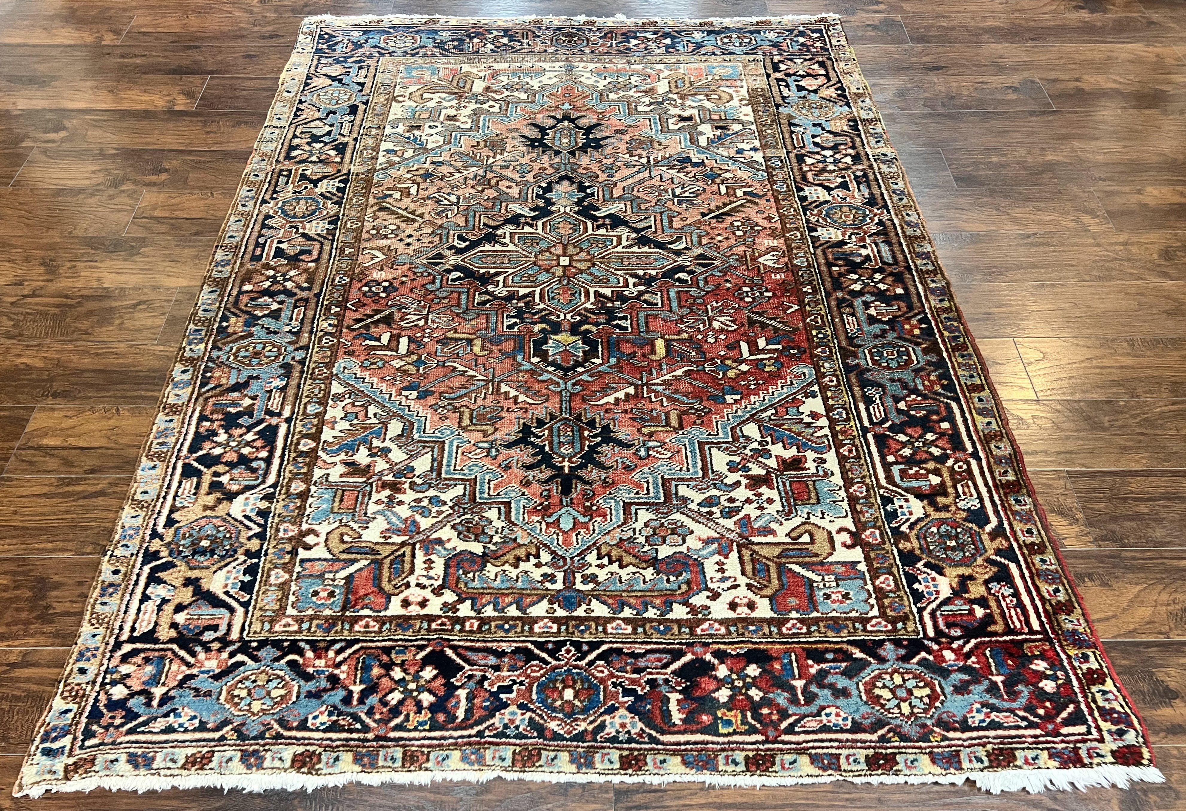 Antique Persian Heriz Rug 6x8, Geometric Medallion, 1920s Oriental Carpet, Handmade Wool Rug