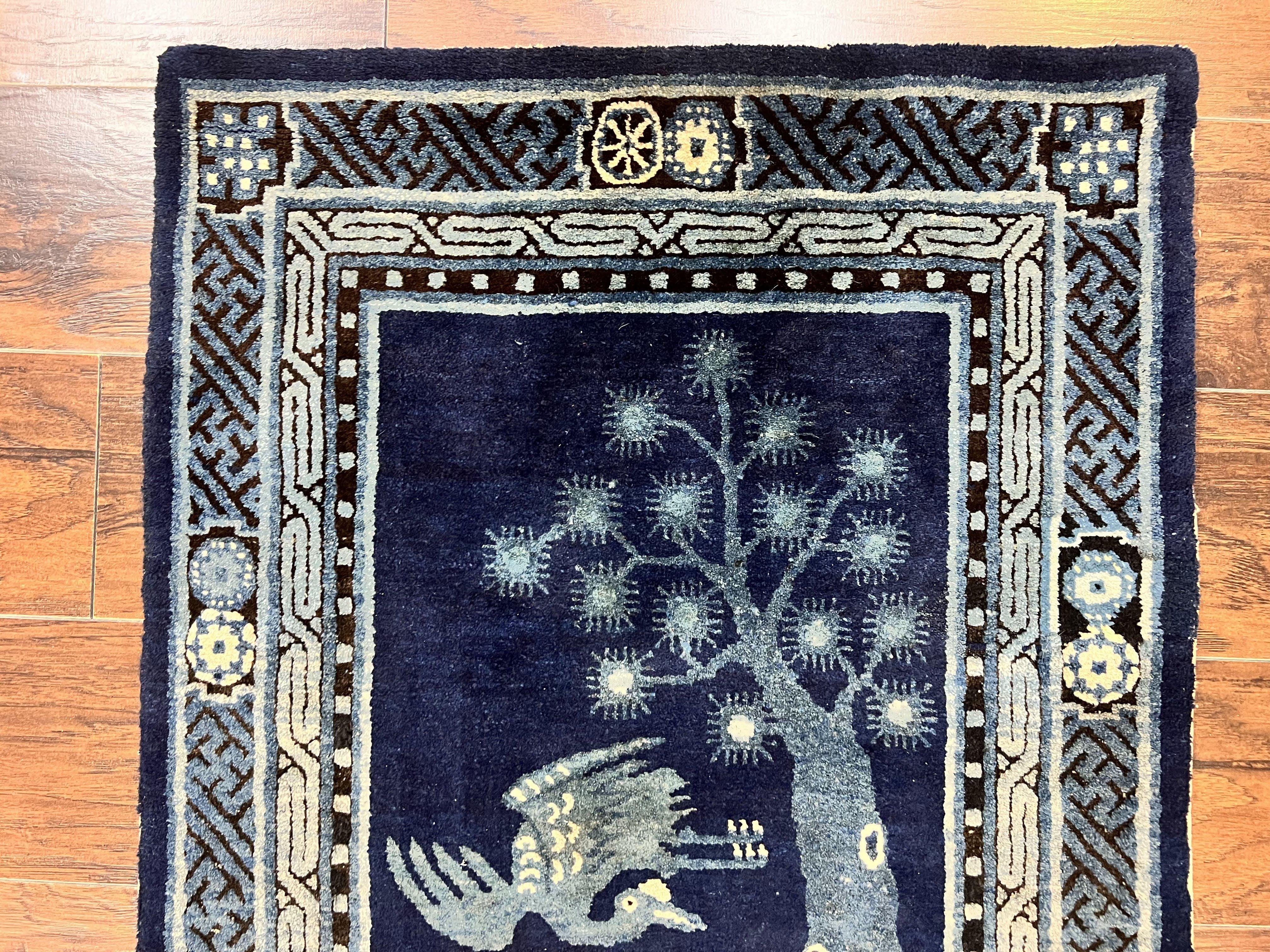 Antique Chinese Peking Rug 3x5, Dark Blue Chinese Wool Rug 3 x 5, Animal Pictorials Deer Birds, Handmade Asian Oriental Chinese Carpet