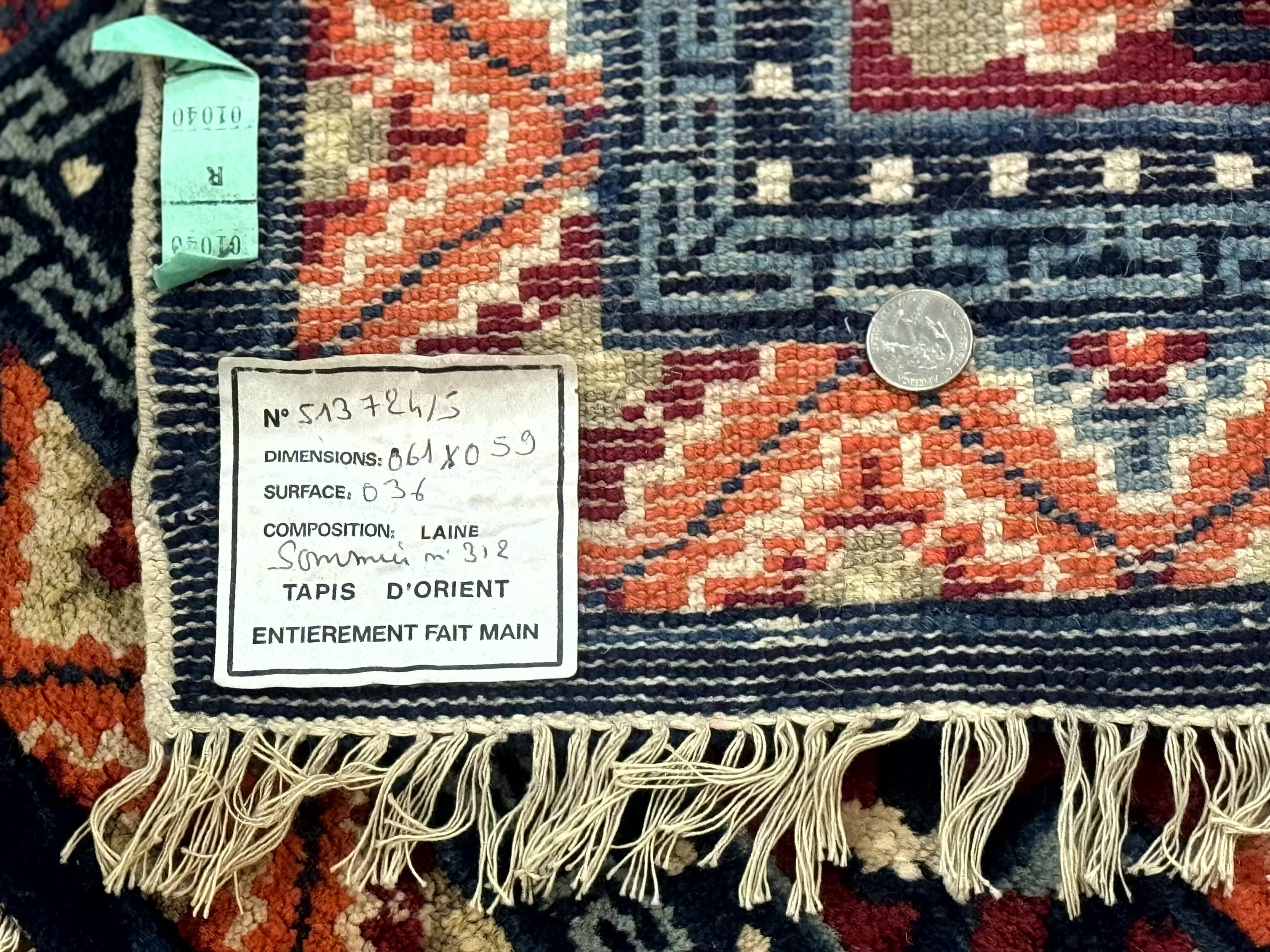 Small Antique Chinese Square Rug 2x3, Tibetan Rug, Red Orange Blue, 1920s Rug