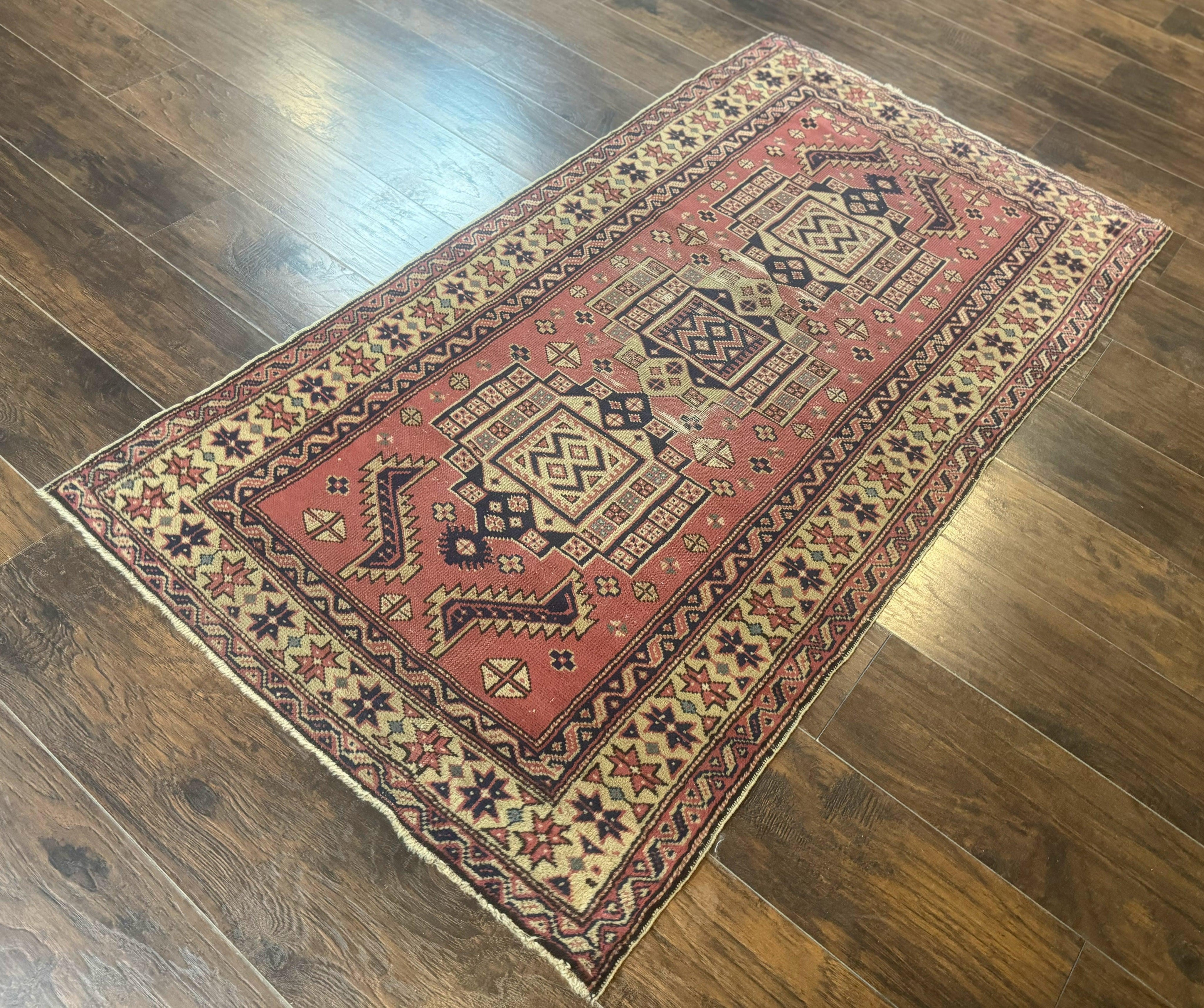 Antique Turkish Sparta Rug 3x6, Geometric Caucasian Kazak Pattern, Handmade