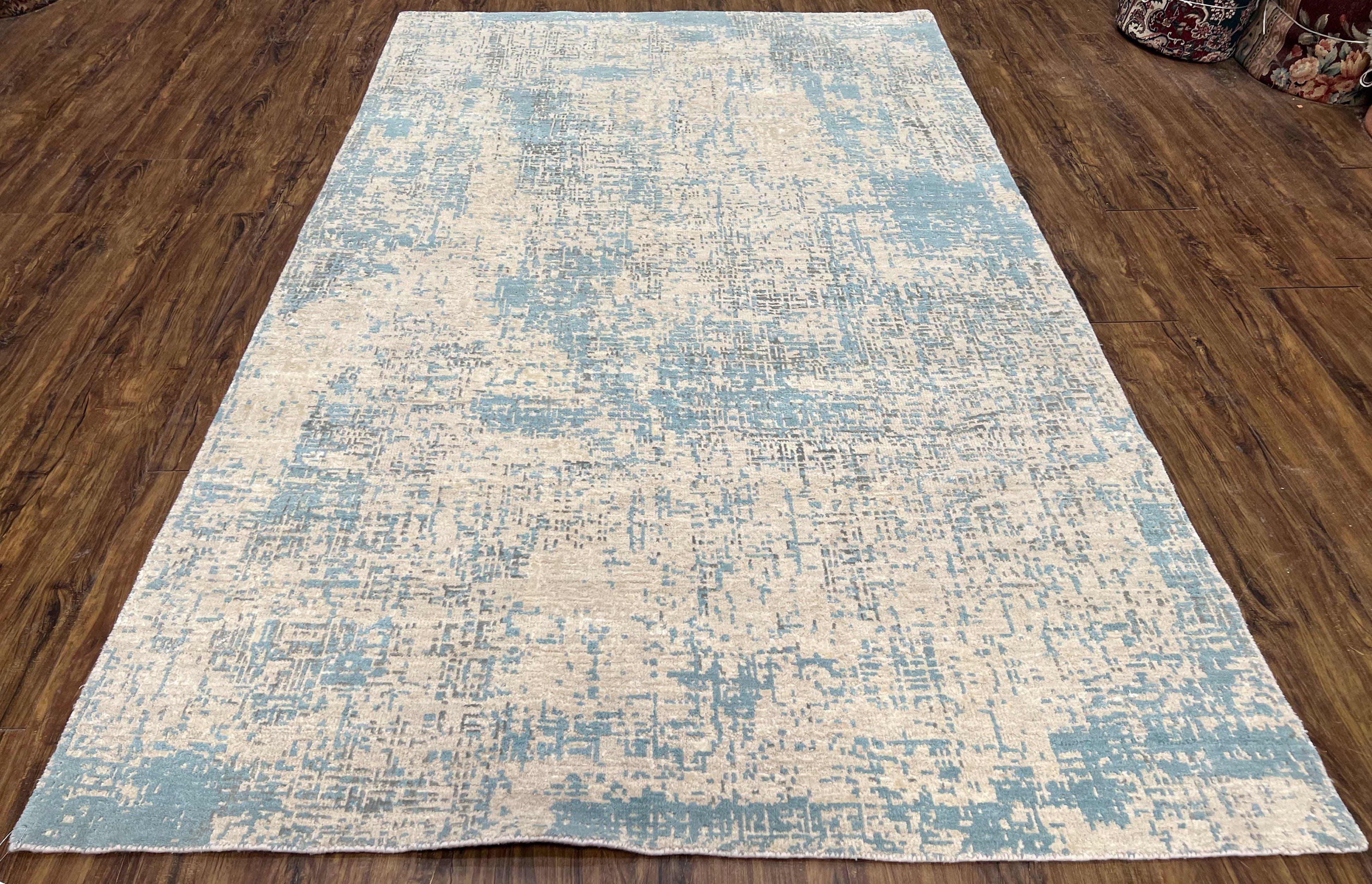 Modern Tibetan Rug 5x8 ft Light Blue and Gray Carpet, Contemporary Wool Rug, Handmade Nepali Rug, Raised Pattern, Tibet Area Rug, Nepal Rug