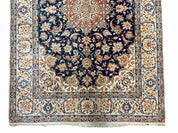 Persian Isfahan Rug 4x5, Navy Blue & Ivory, Wool and Silk Highlights