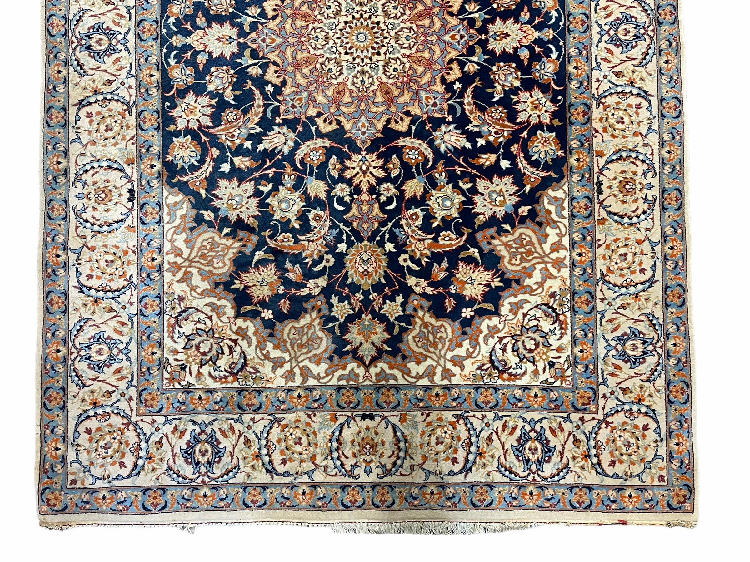 Persian Isfahan Rug 4x5, Navy Blue & Ivory, Wool and Silk Highlights