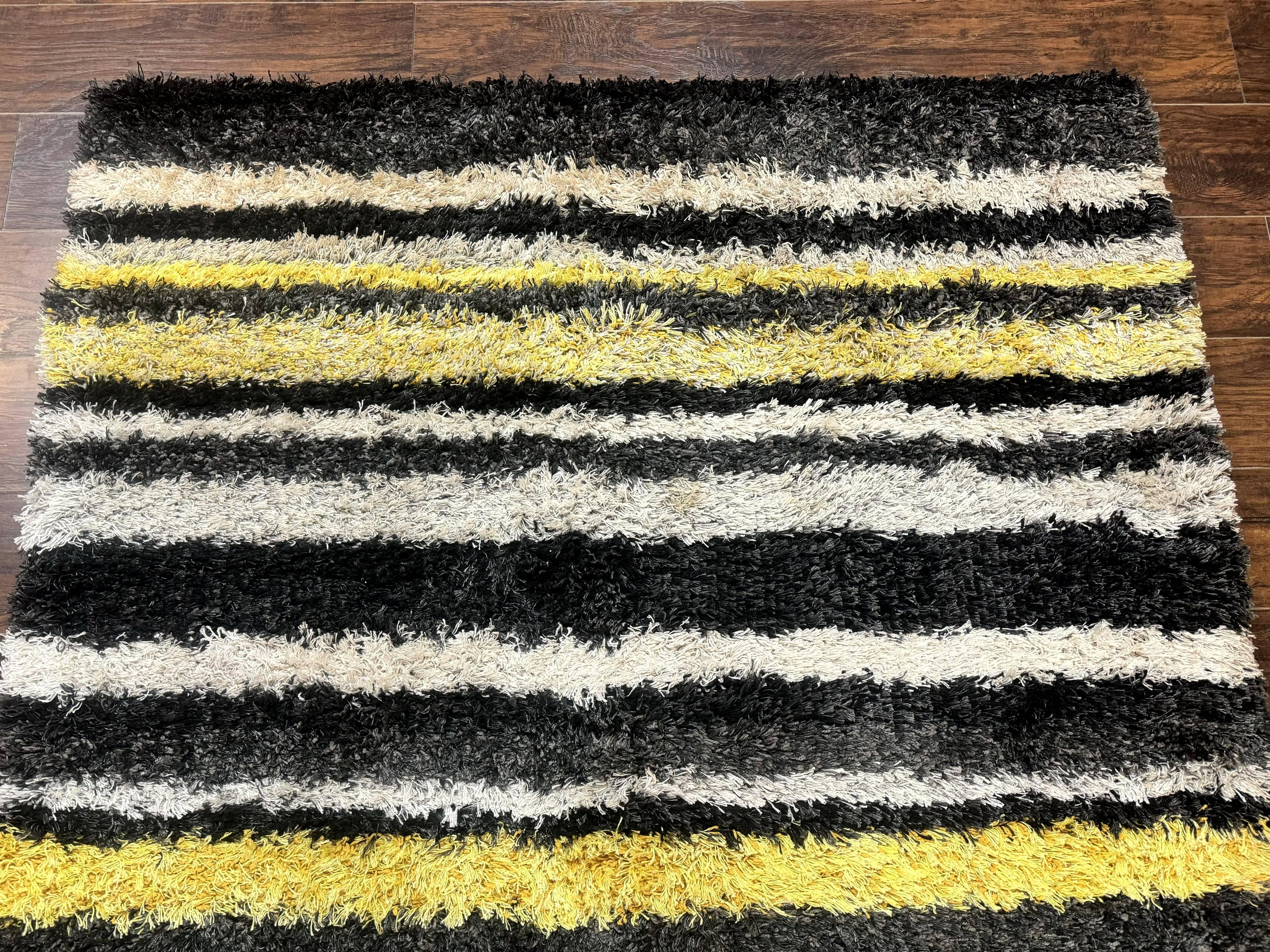 Shag Rug 5x8, Yellow Ivory Charcoal, Contemporary