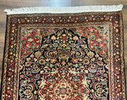 Antique Persian Sarouk Rug 4x5, Dark Blue and Red, Floral Medallion, Fine