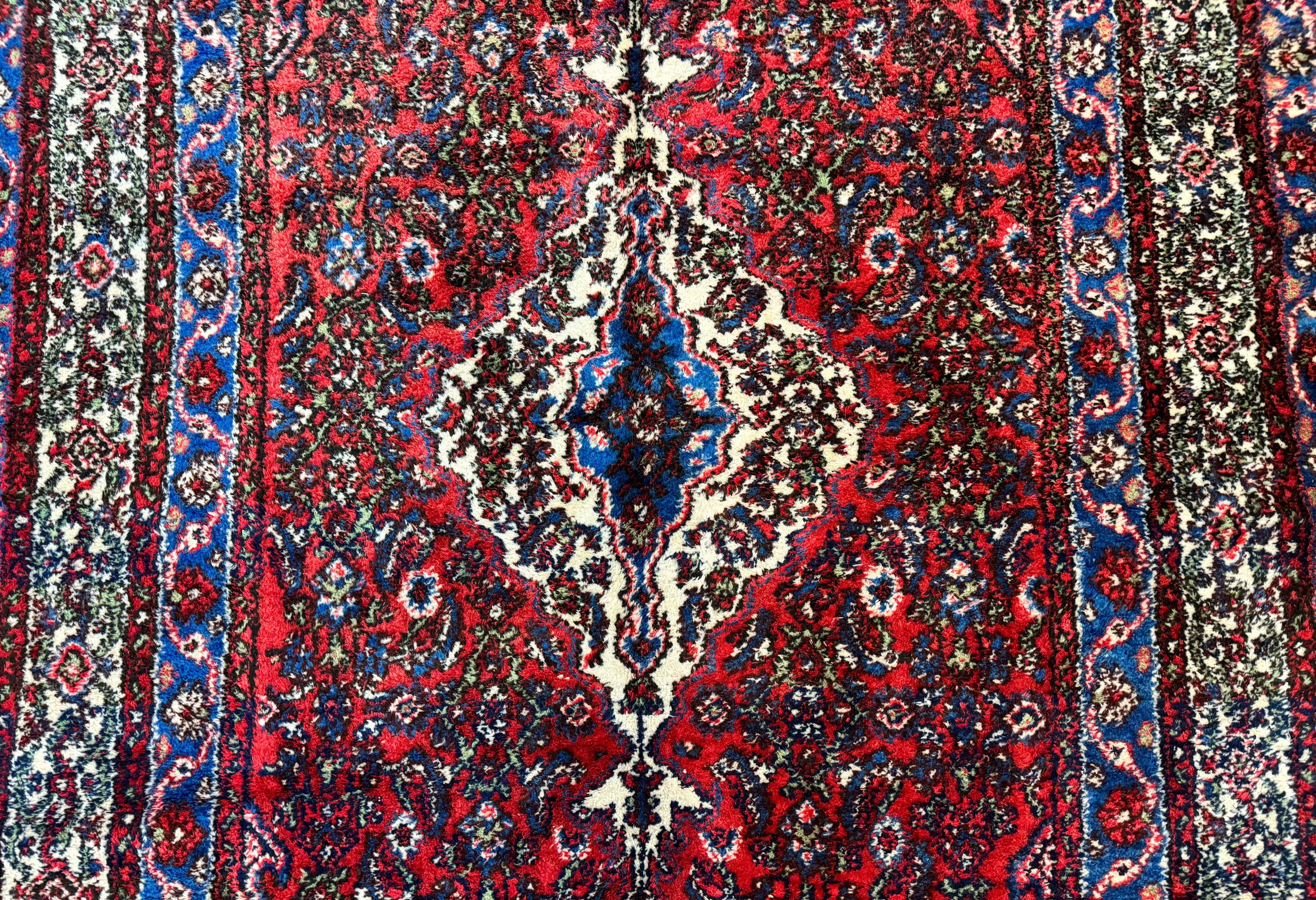 Persian Tribal Rug 6x11, Red Blue Ivory, Antique Persian Carpet, Hamadan Dargazin Carpet