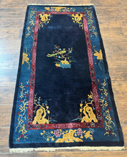 Antique Chinese Peking Rug 3x6, Dark Blue, Bird Motif, Handmade Wool Art Deco Asian Oriental Carpet, Pair B