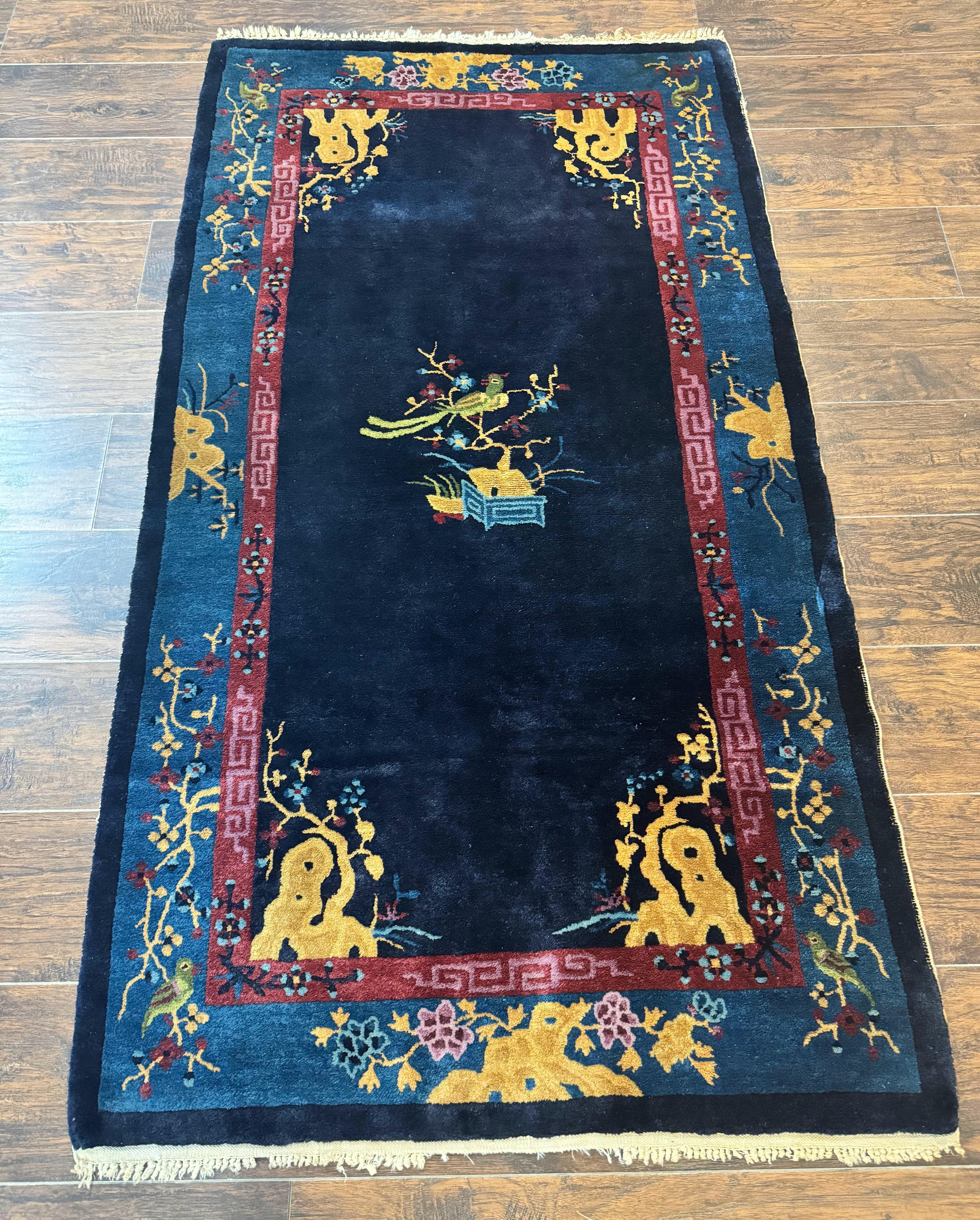Antique Chinese Peking Rug 3x6, Dark Blue, Bird Motif, Handmade Wool Art Deco Asian Oriental Carpet, Pair B