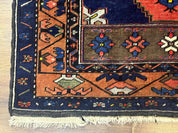 Persian Rug 3x6, Geometric Medallion, Village Tribal Rug, Terracotta and Navy Blue, Antique Nahavand Hamadan Rug