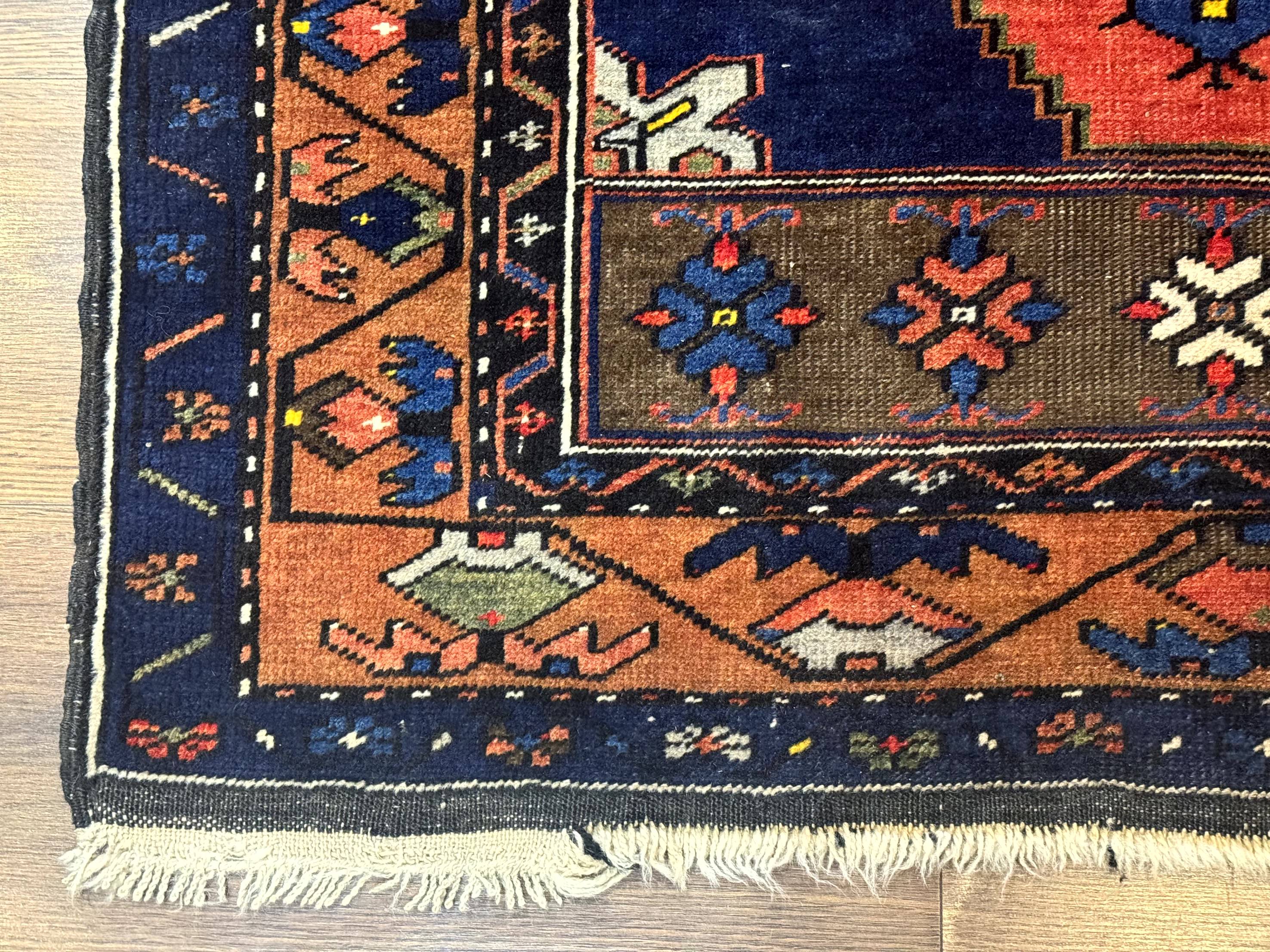 Persian Rug 3x6, Geometric Medallion, Village Tribal Rug, Terracotta and Navy Blue, Antique Nahavand Hamadan Rug