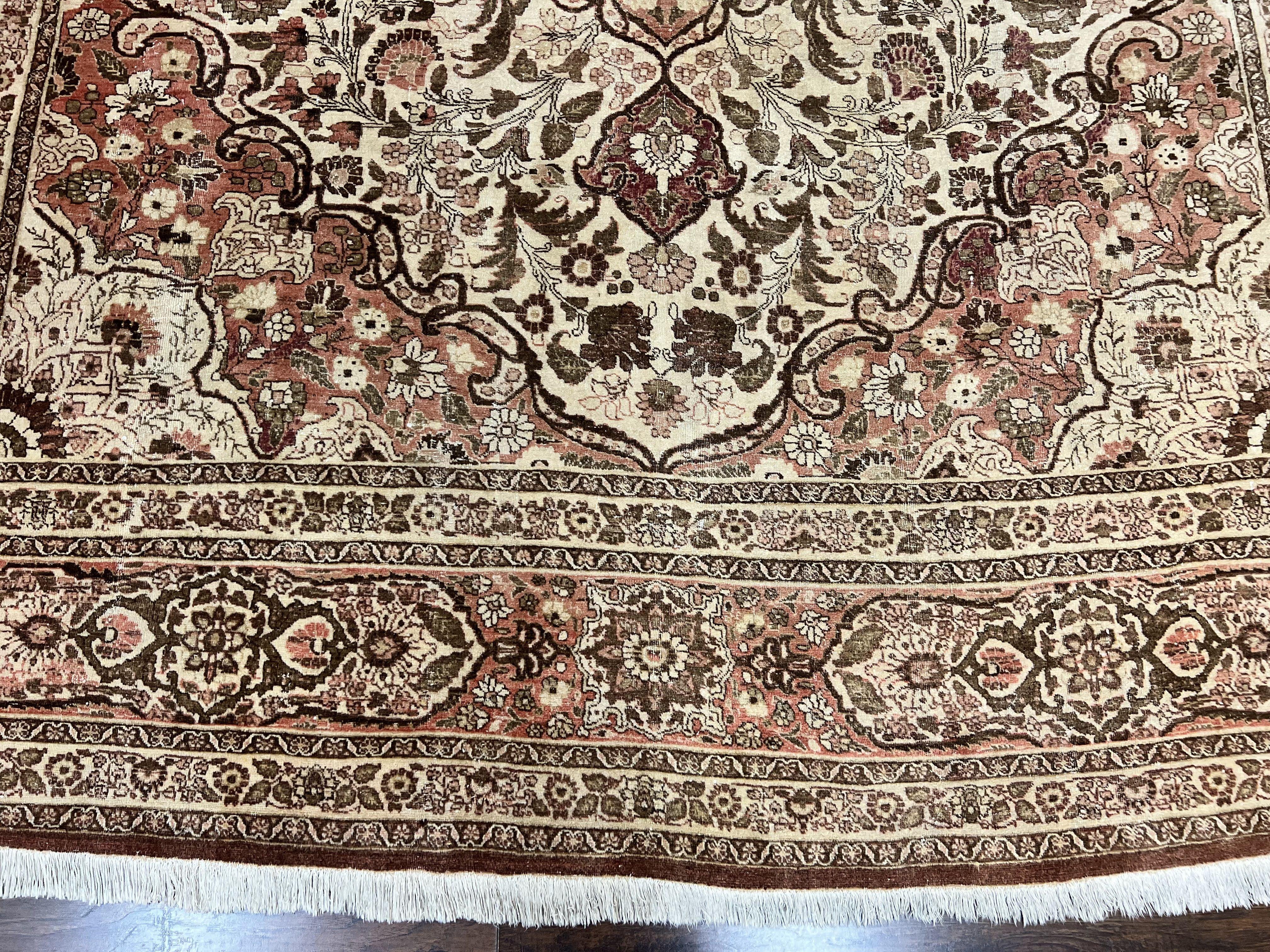 Antique Persian Tabriz Rug 10x12, Wool Hand Knotted Oriental Carpet, Beige Light Red, Floral Medallion