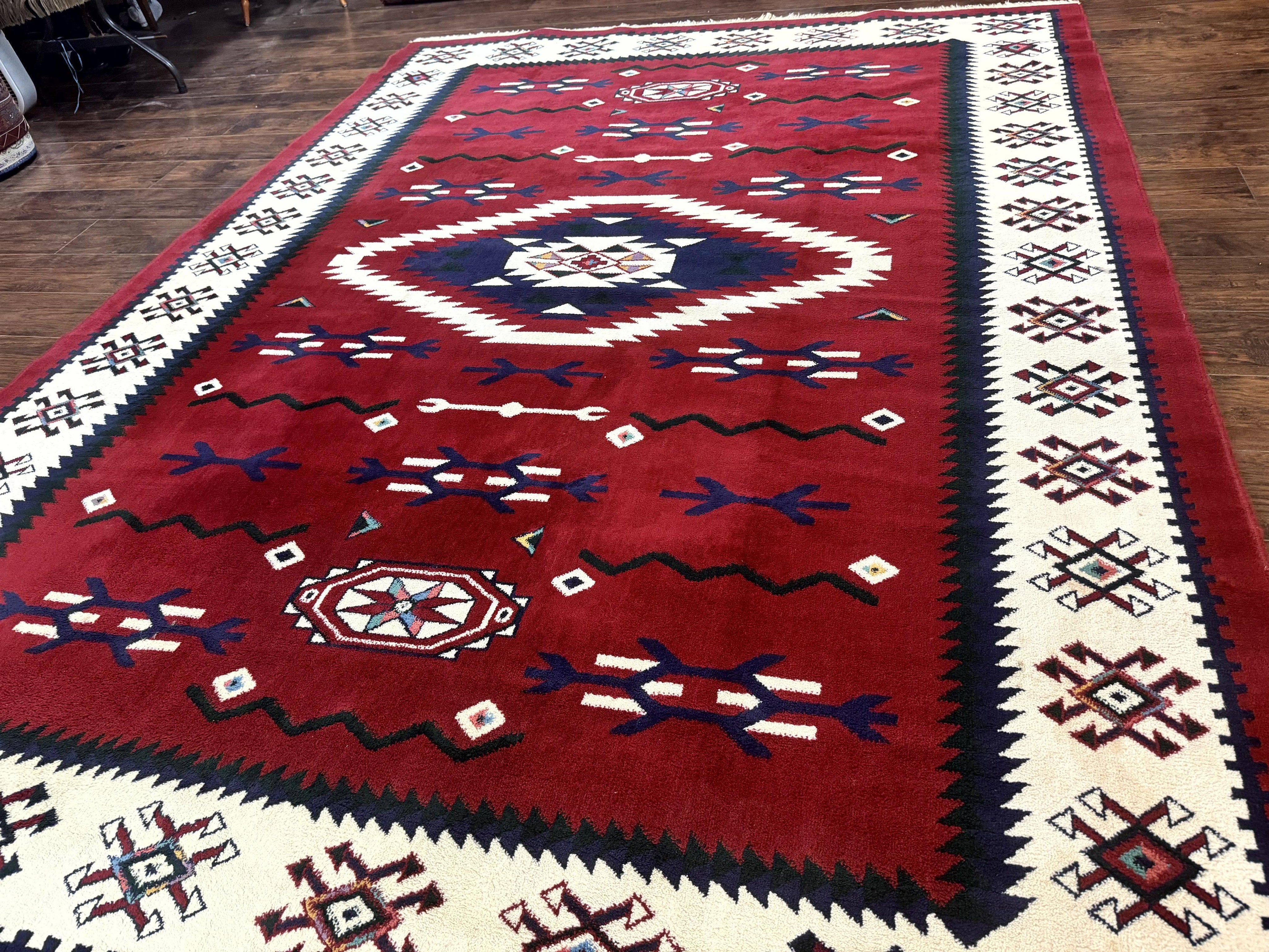 Belgium Power Loomed Rug 8x11, Navajo Native American Design, Dark Red and Ivory, Tribal Rug, Bohemian Carpet