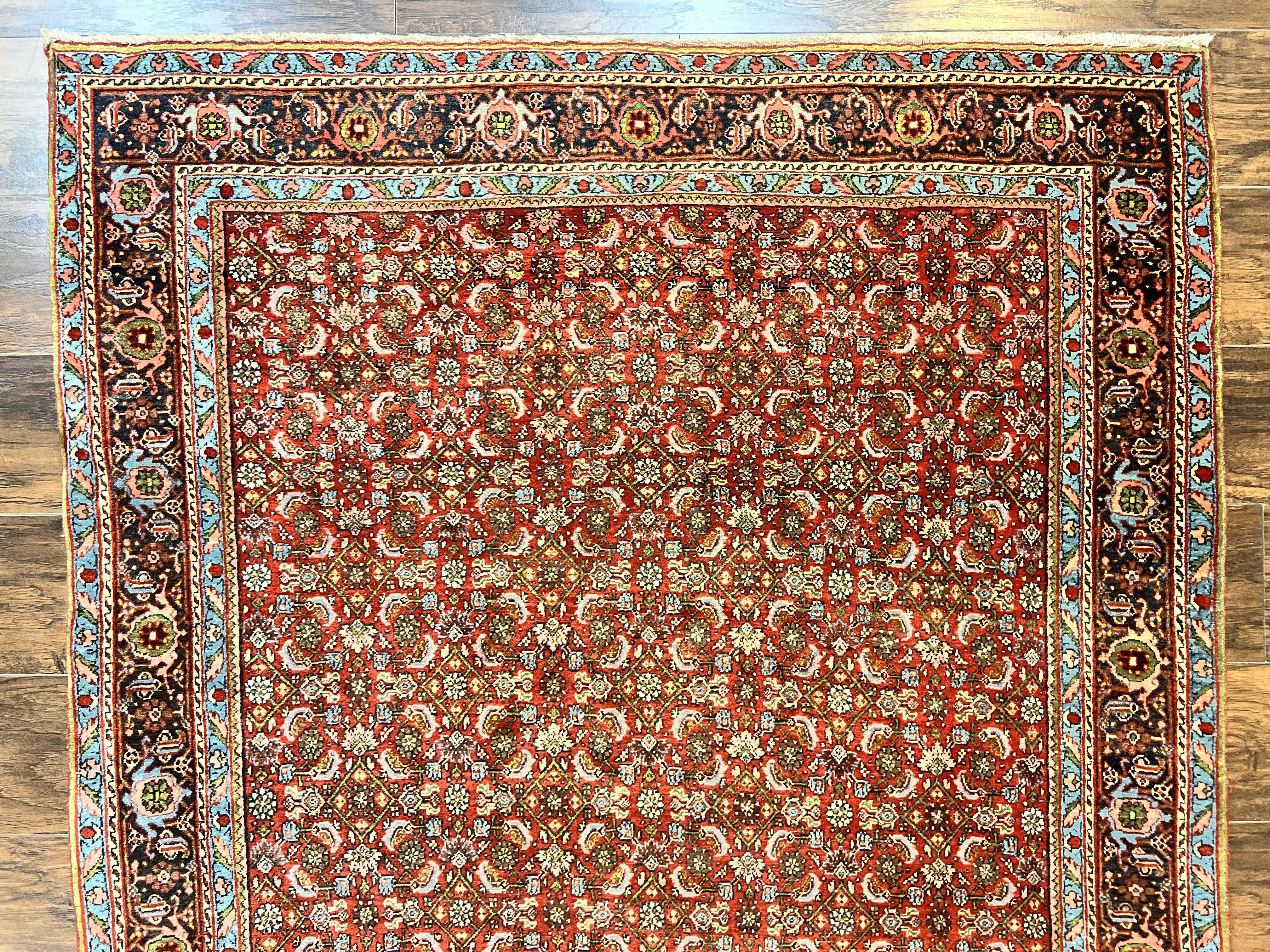 Antique Persian Bidjar Rug 5x7, Repeated Allover Herati Pattern, Red, Handmade Wool Carpet