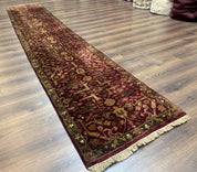 Indo Persian Runner Rug 2.7 x 13.8, Maroon, Wool, Handmade Indian Rug for Hallway