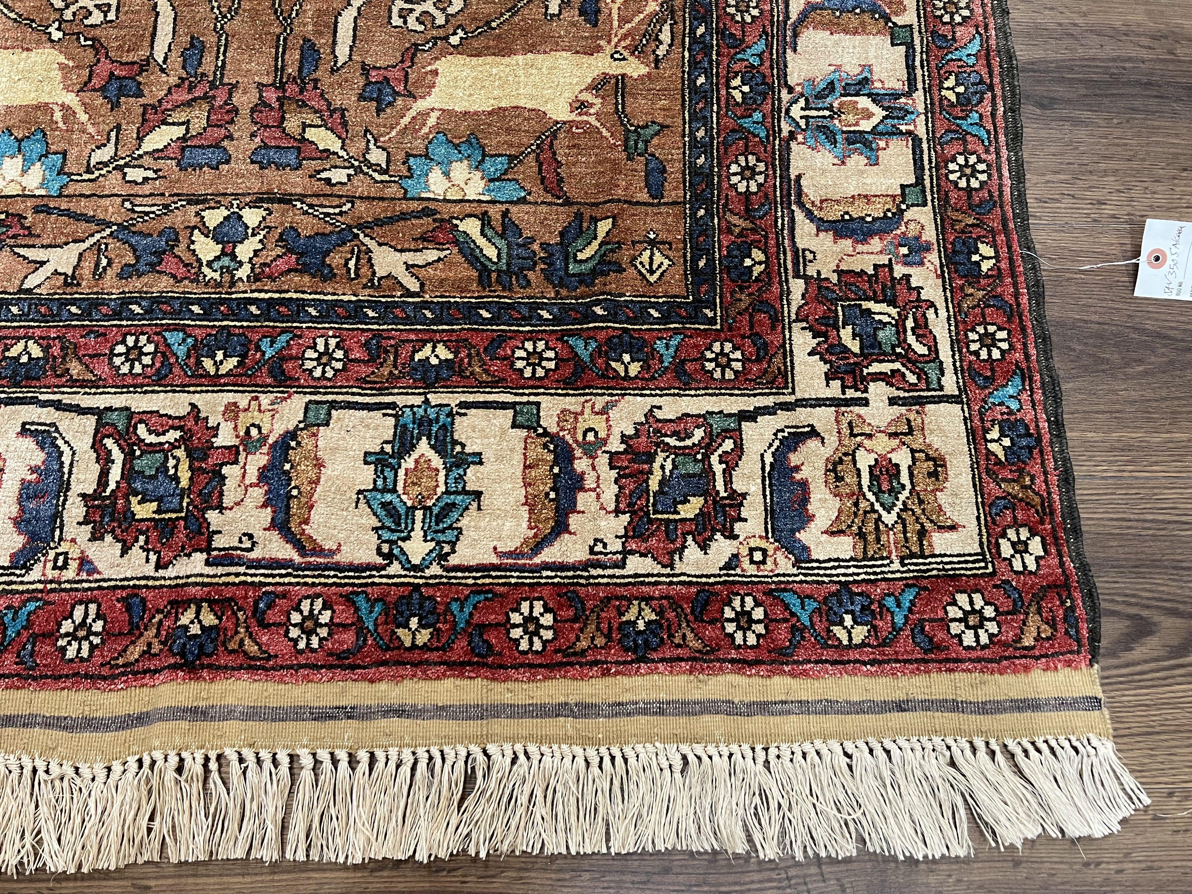 Unique Afghan Silk Rug 4x6, Hunting Pattern Animal Motifs, Light Brown and Cream, Persian Handwritten Poetry, Fine 1940s Oriental Carpet Wow
