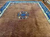 Antique Chinese Wool Rug 9x11, Large Chinese Art Deco Rug, Peking Rug, Brown and Blue, Open Field, Fete Rug