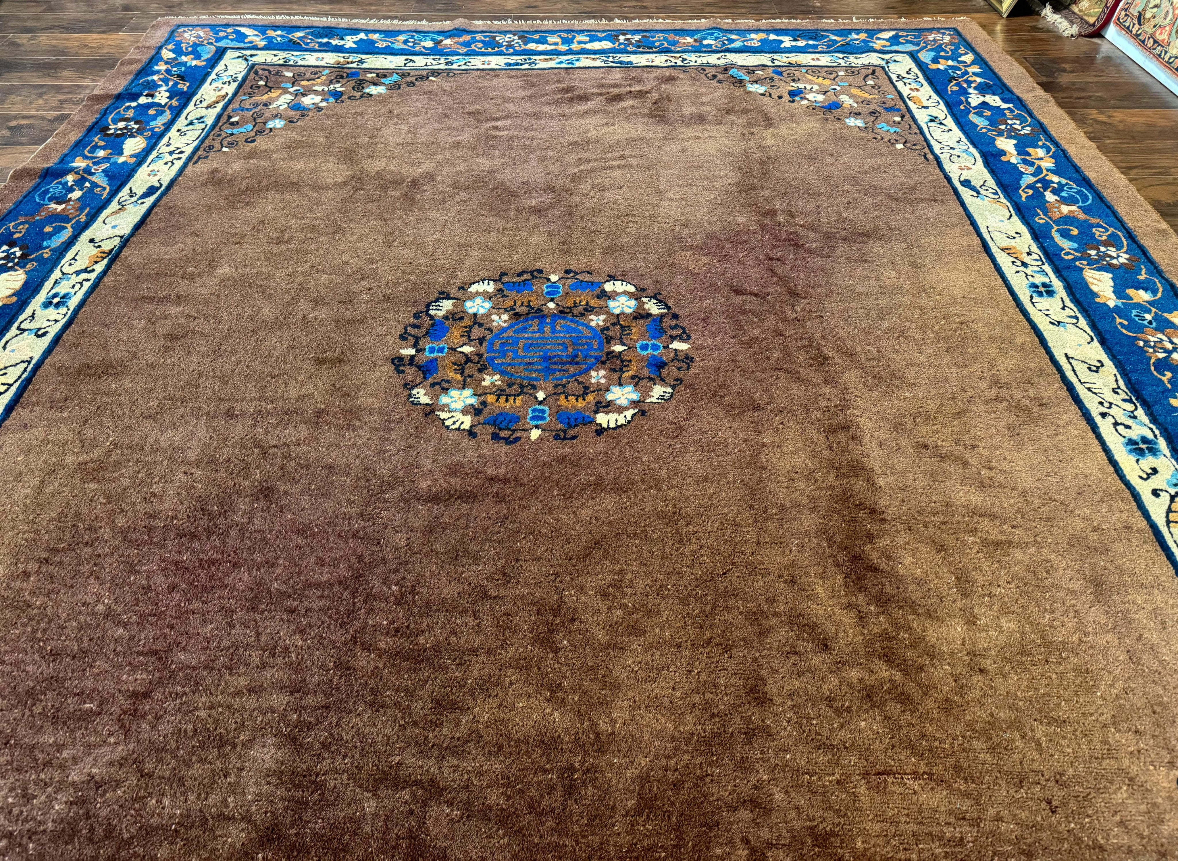 Antique Chinese Wool Rug 9x11, Large Chinese Art Deco Rug, Peking Rug, Brown and Blue, Open Field, Fete Rug