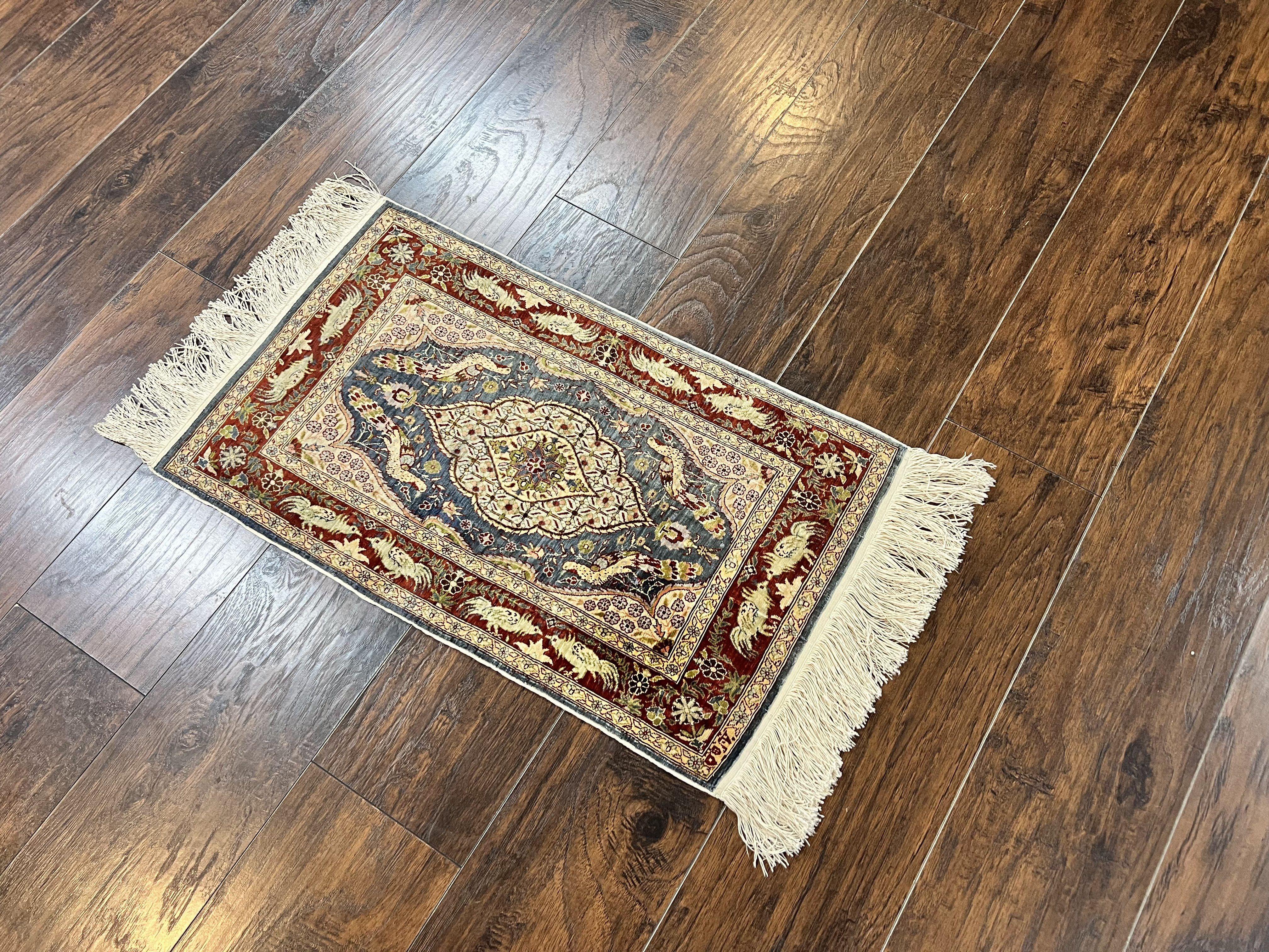 Silk Turkish Hereke Rug 2x3, Peacocks Birds, Signature from Master Weaver, Super Finely Hand Knotted 550 KPSI, Animal Pictorials
