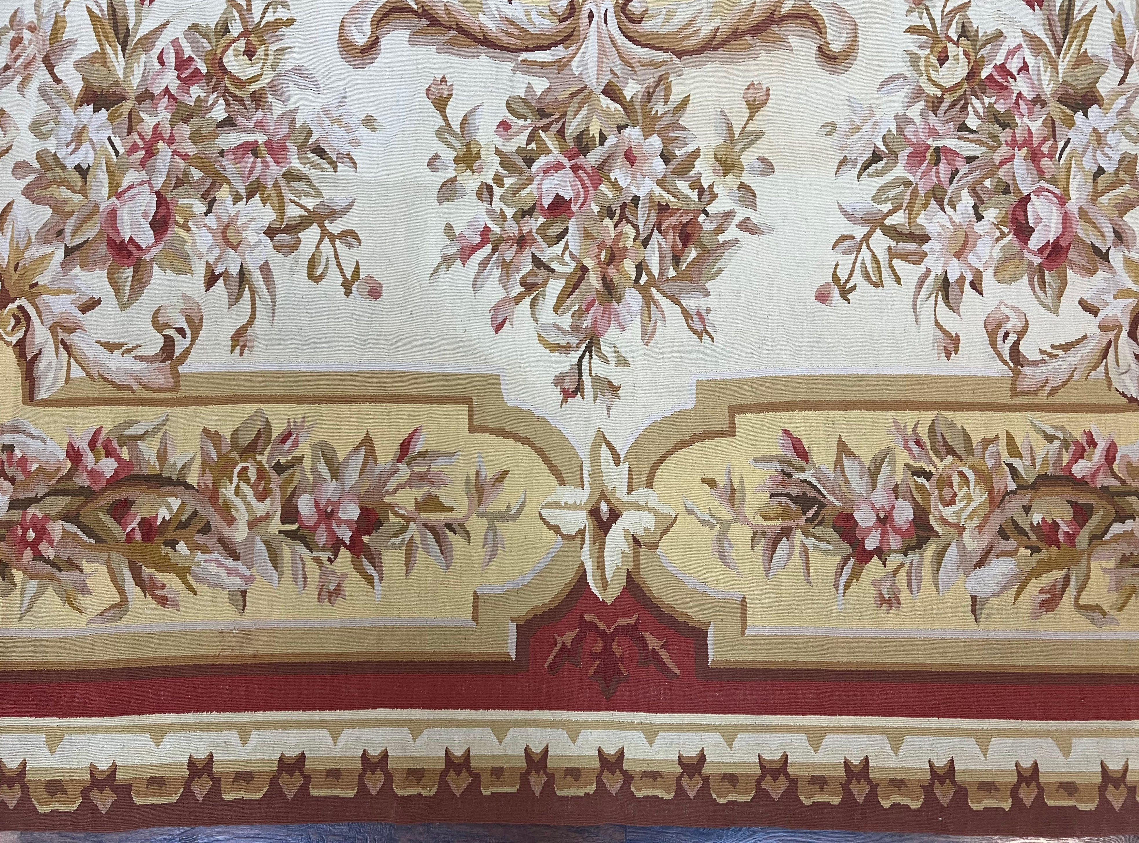 Aubusson Rug 9x12, Elegant Flatweave Savonnerie Carpet 9 x 12 ft, Ivory Light Yellow Red, Handmade Wool Flatweave French European Rug