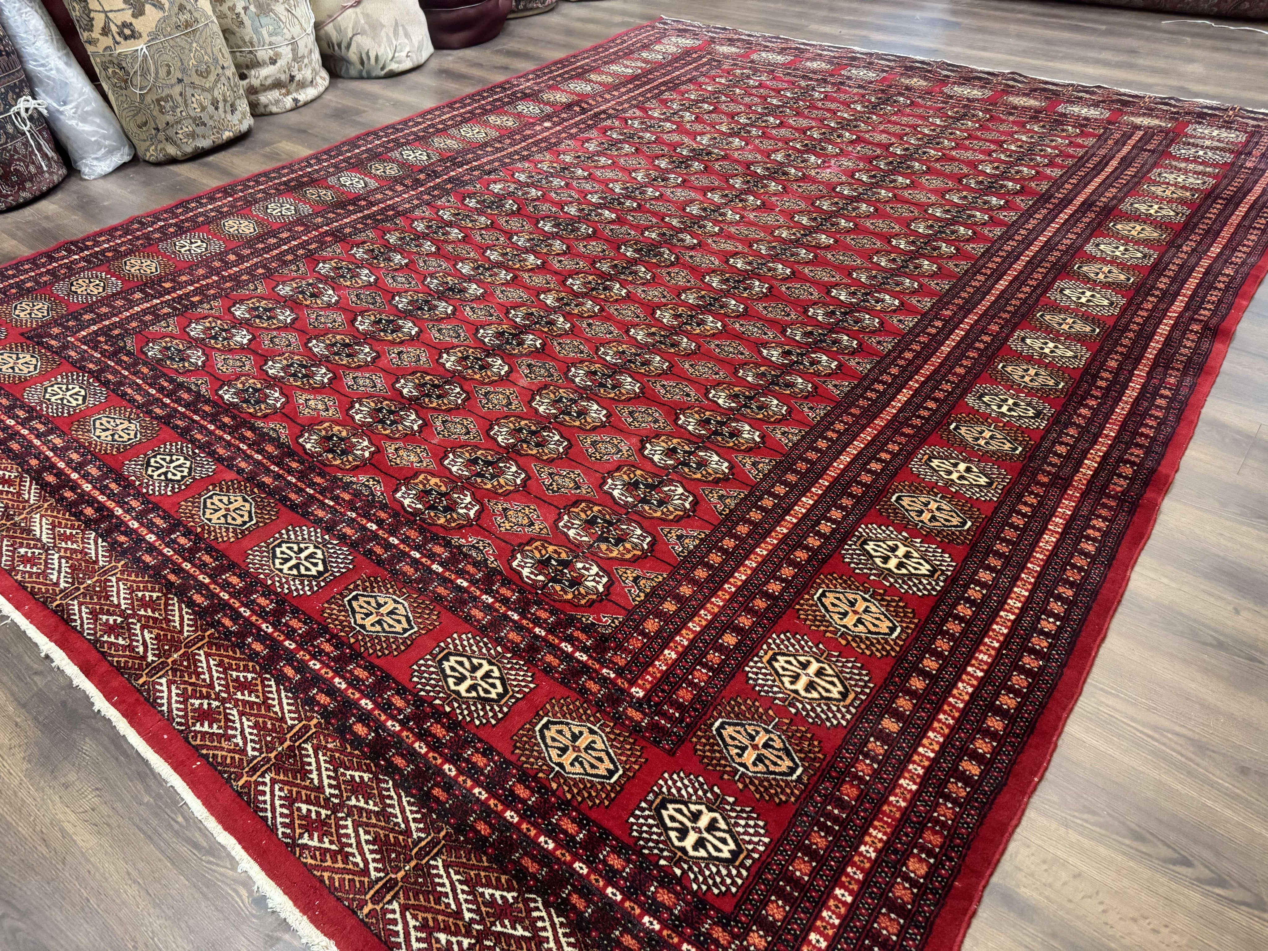 Bokhara Rug 9x12, Red Turkoman Rug, Pakistani Rug, Tribal Carpet, Wool Rug, Red Rug