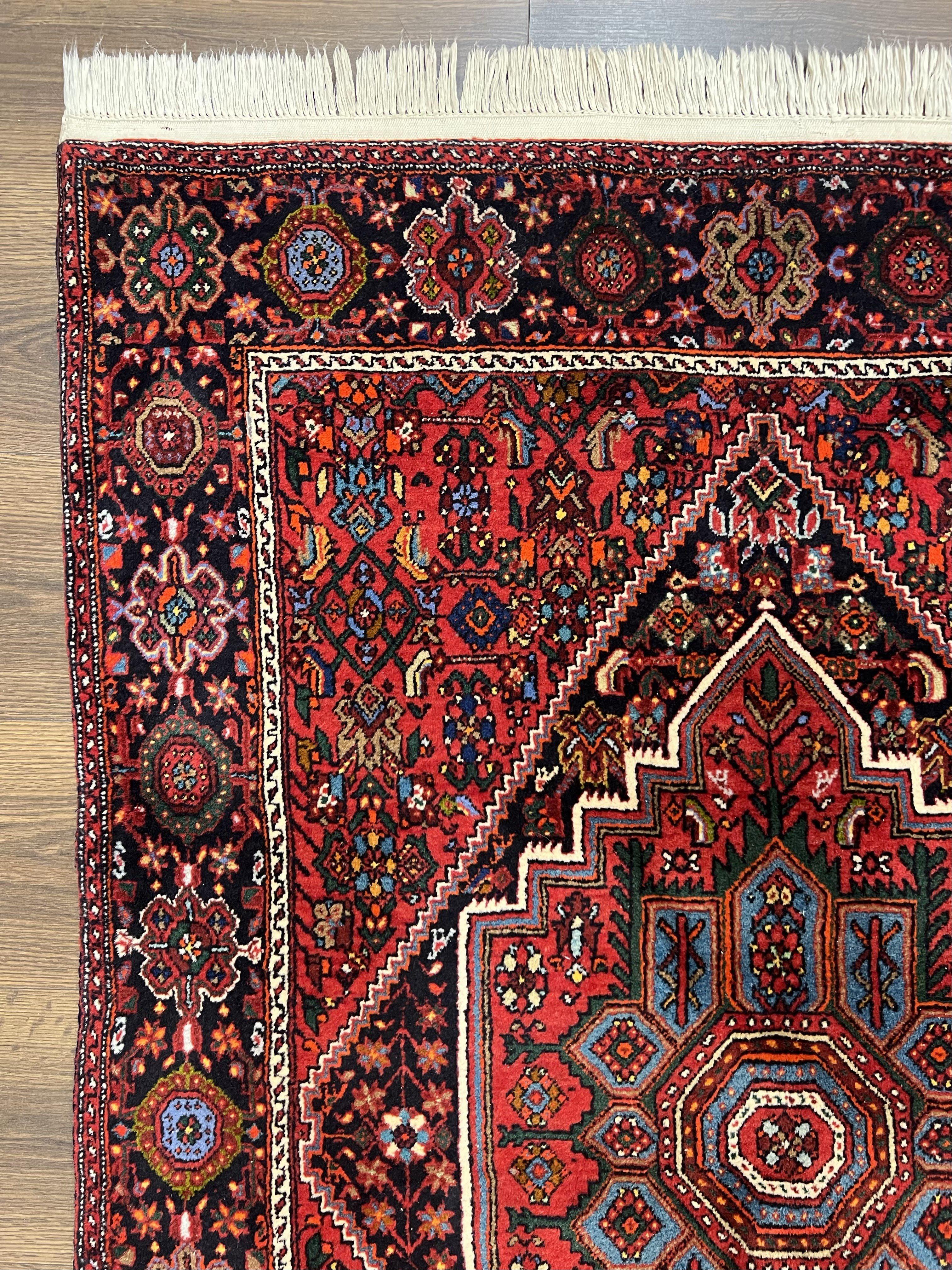 Fine Persian Bidjar Rug 3x5 ft, Ruby Red and Black, Geometric Medallion, Hand Knotted Semi Antique Oriental Bijar Carpet, Wool Area Rug, Tribal Rug