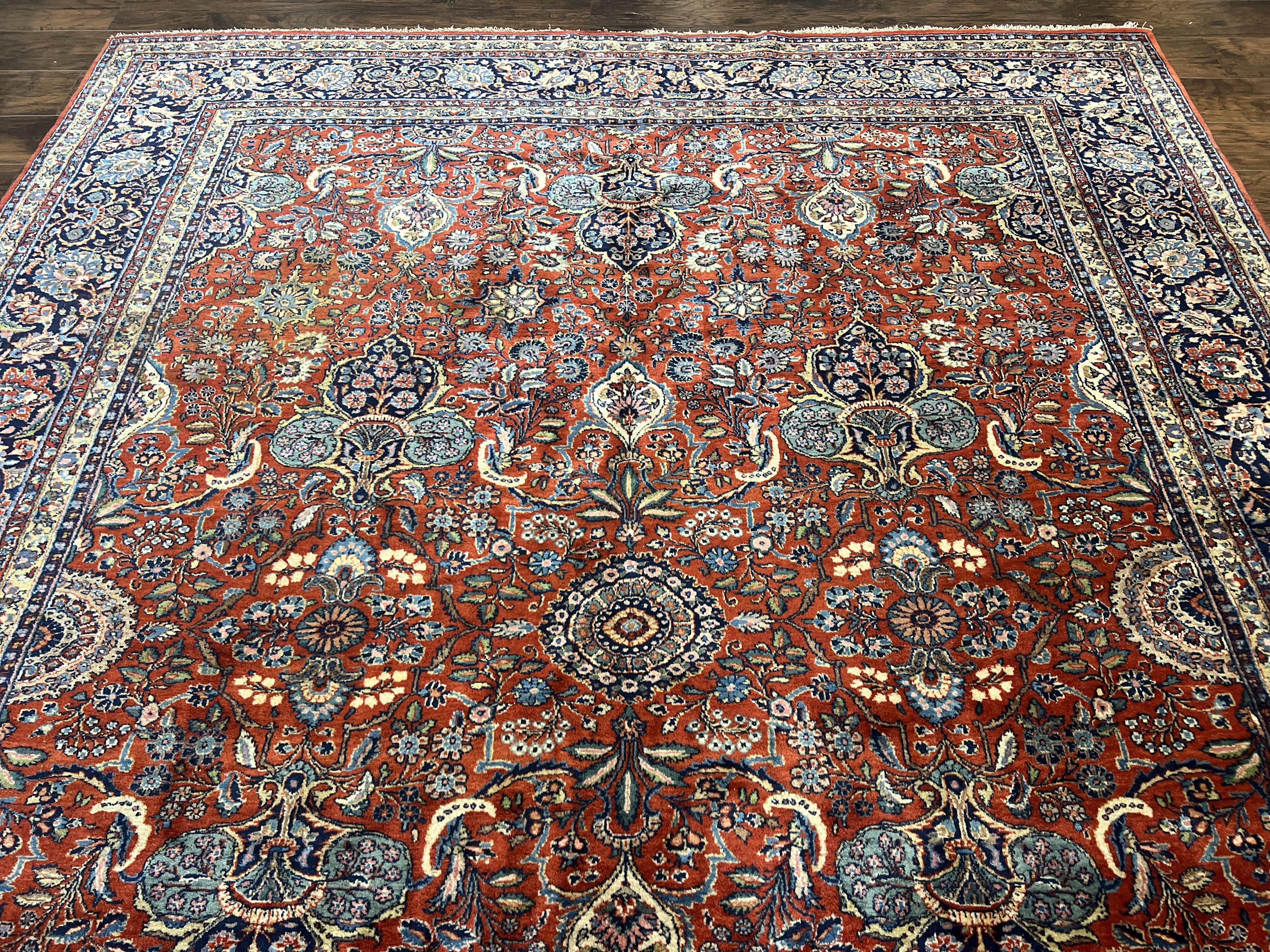 Persian Sarouk Rug 9x12, Red and Dark Blue Floral Allover Antique Persian Carpet, Handmade Wool Qazvin Rug