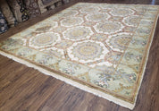 Indo Sultanabad Area Rug 8 x 9.5, Wool Hand-Knotted Ivory Green Teal Decorative Rug, Floral Panel Carpet, Indian Rug, 8 x 10 Bedroom Rug