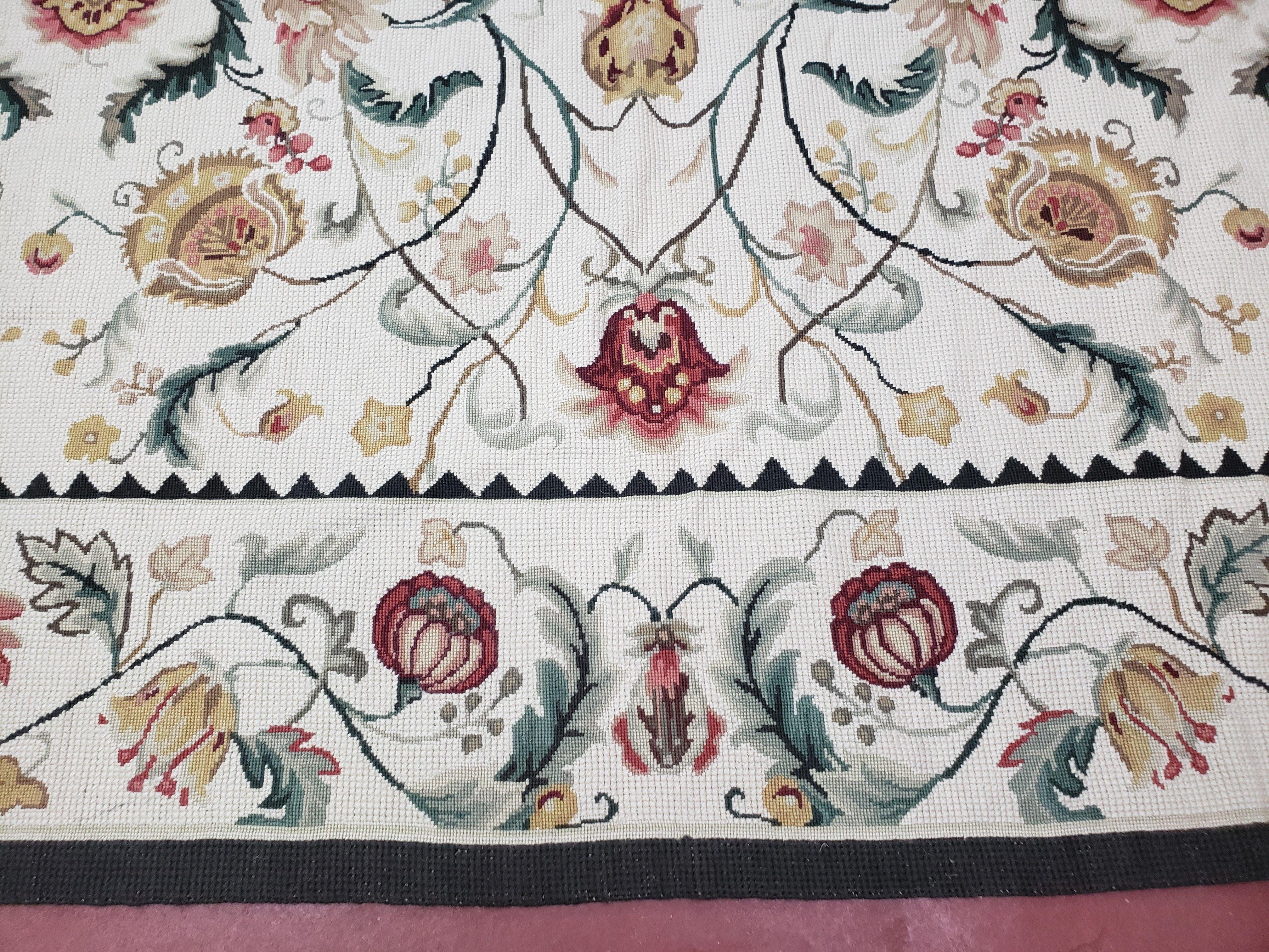 New Needlepoint Rug 9x12, Hand Woven Wool Area Rug, Flatweave Carpet, Handmade Chinese Needlepoint, Floral European Design, Ivory Background