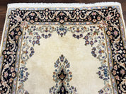 Persian Kirman Rug 4x7, Wool Hand Knotted Antique Carpet, Beige, Semi Open Field Medallion Rug, Traditional Handmade Oriental Rug