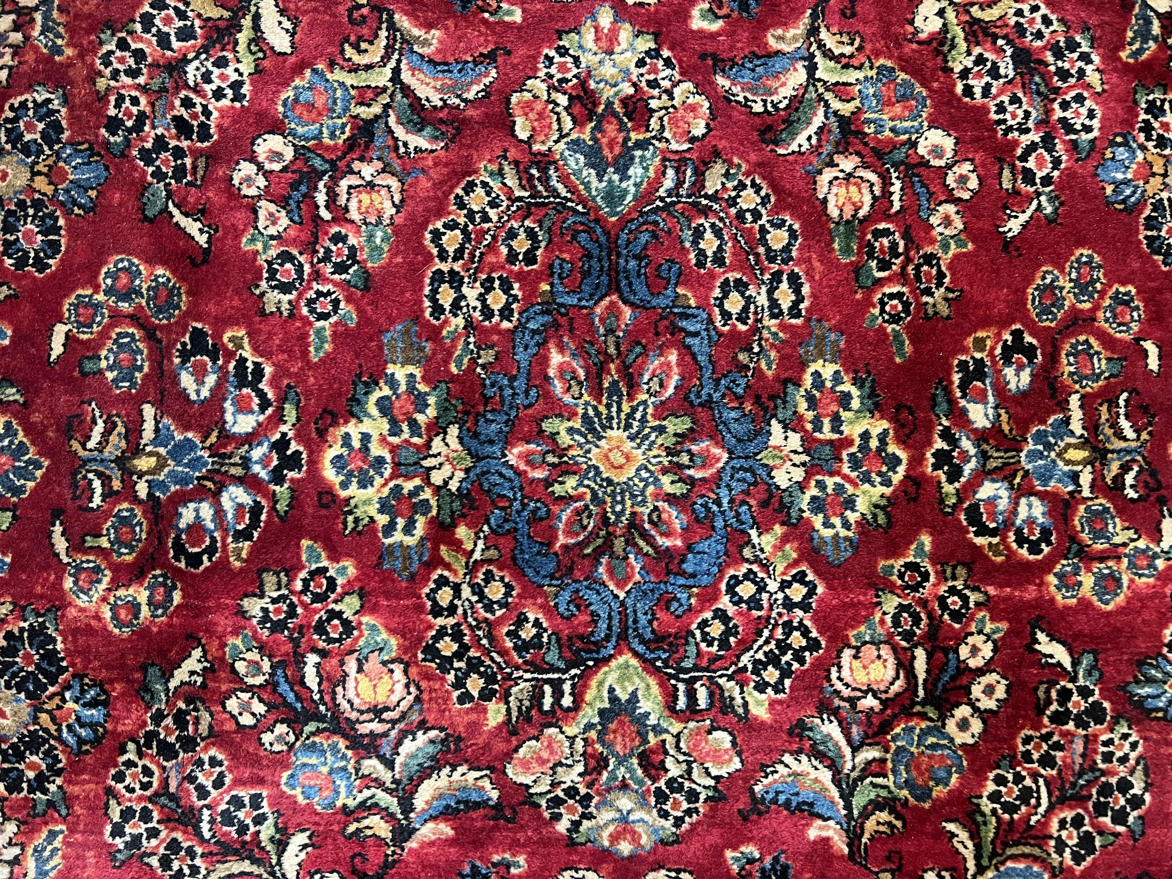 Rare Persian Almost Square Rug 6.3 x 5.3, Hand Knotted Wool Antique 1920s Sarouk Oriental Carpet, Red Navy Blue Beige, Floral Allover, 5x6 Area Rug