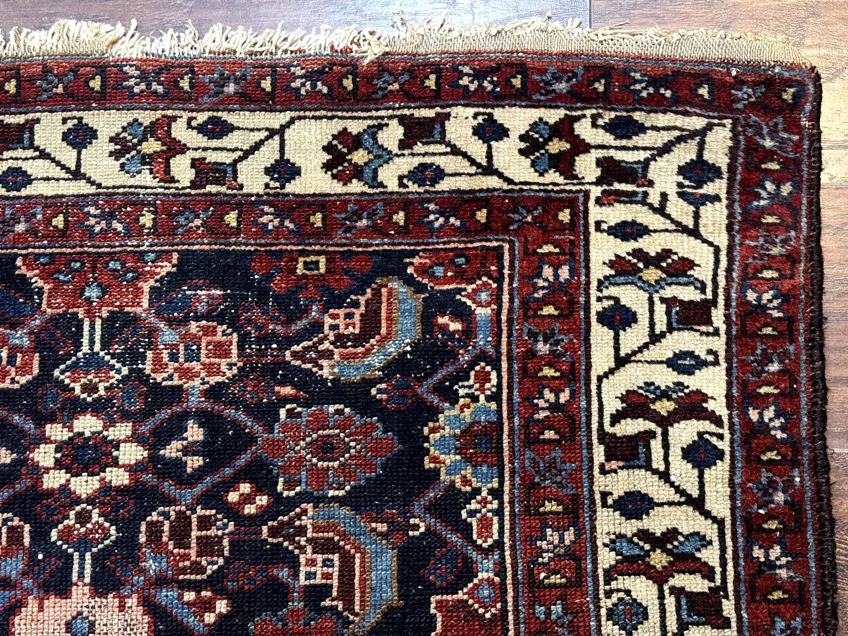Navy Blue Antique Persian Rug 3x6, Blue and Ivory Persian Carpet, Handmade 1920s Hamadan Rug
