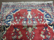 Persian Runner Rug 3 x 12, Antique Wool Oriental Runner, Floral Vases, Red & Navy Blue