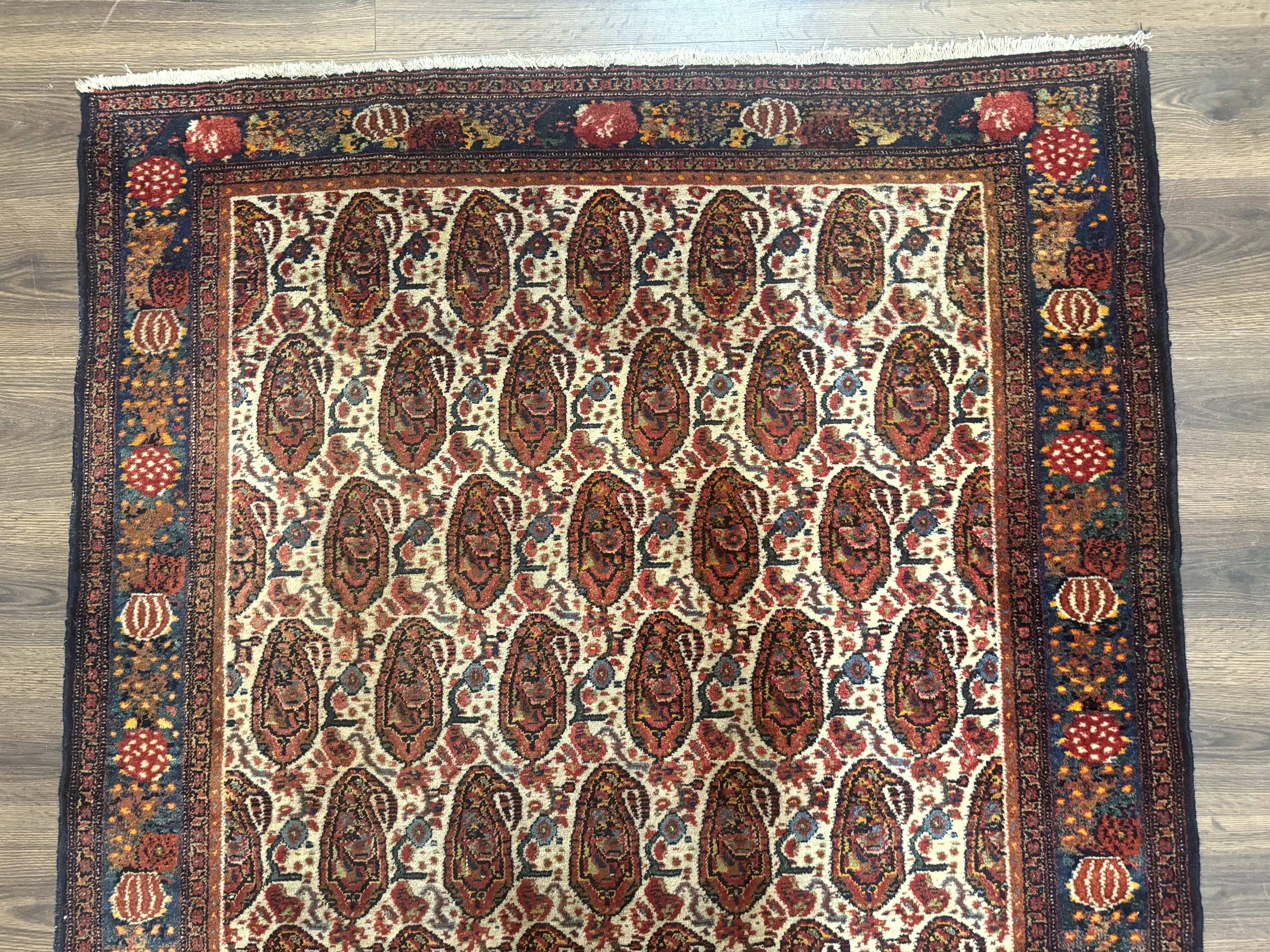 Antique Persian Kurdish Senneh Rug 4.6 x 6.5, Repeated Paisely Boteh Design, Handmade