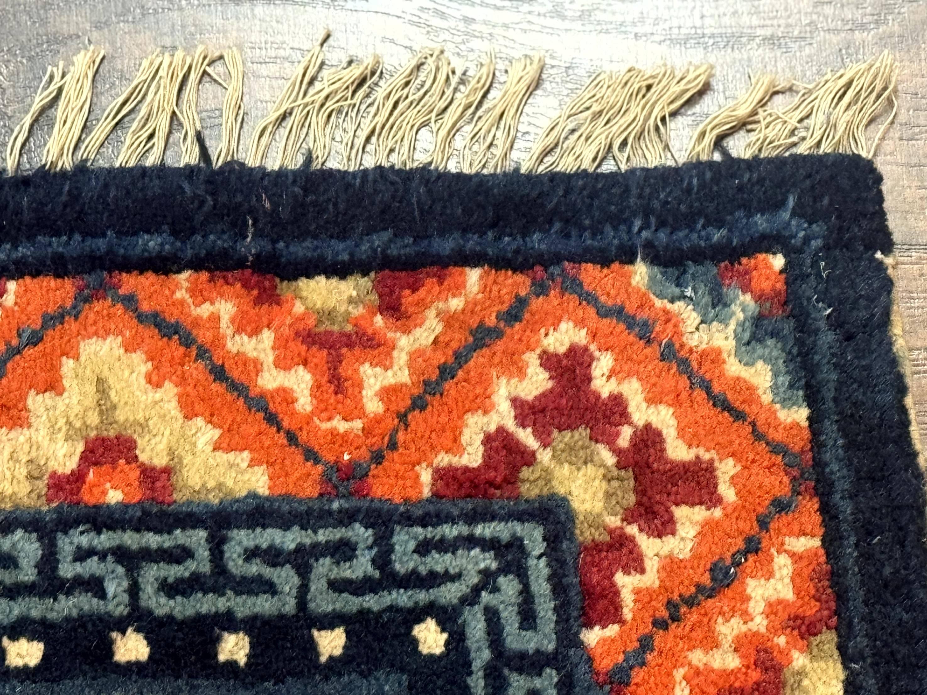 Small Antique Chinese Square Rug 2x3, Tibetan Rug, Red Orange Blue, 1920s Rug