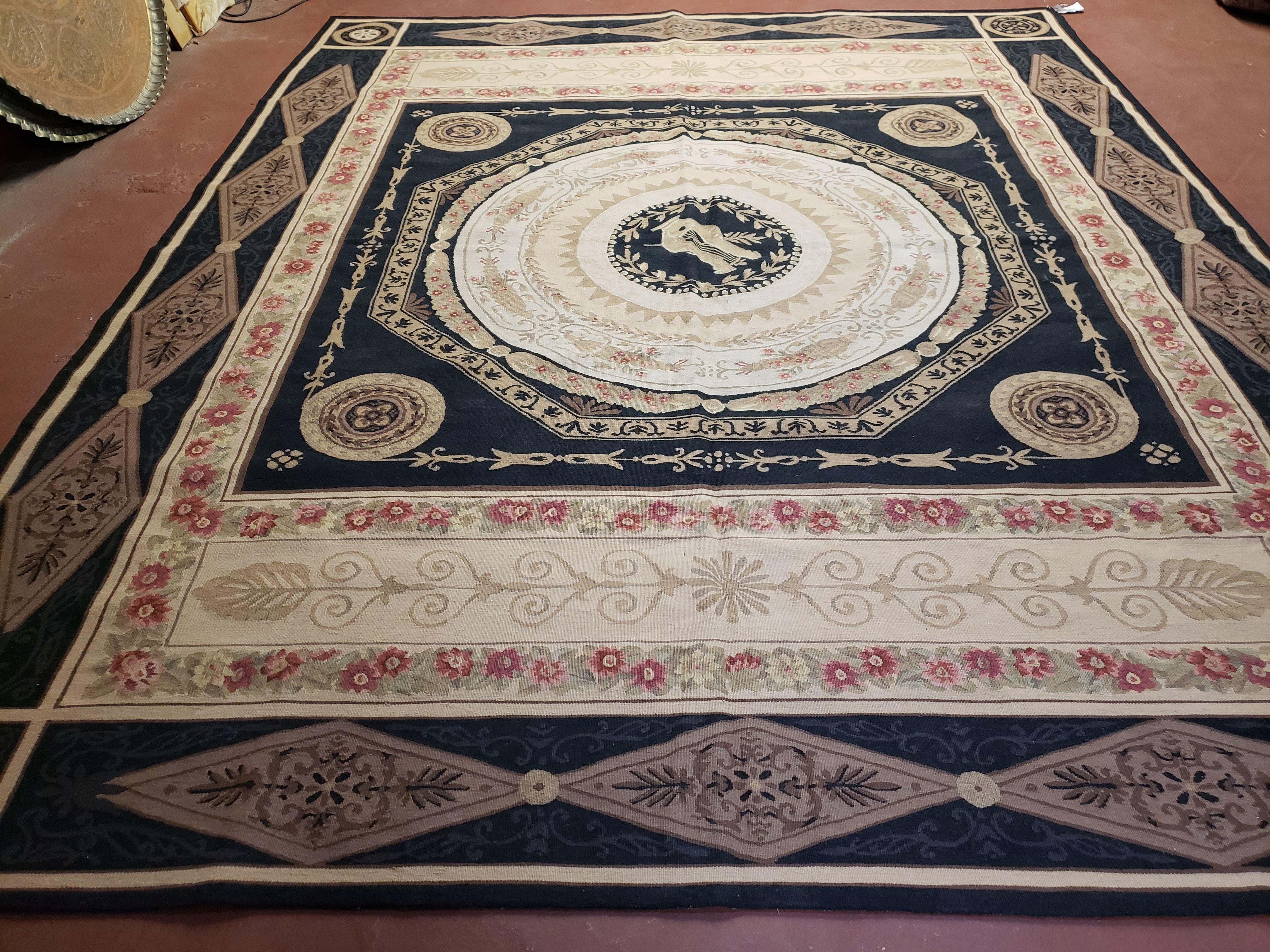 8x10 Woolen Needlepoint Rug Black European Savonnerie Carpet Circles Flat Weave Carpet Area Rug New Handmade Hand-Knotted Harp Flowers