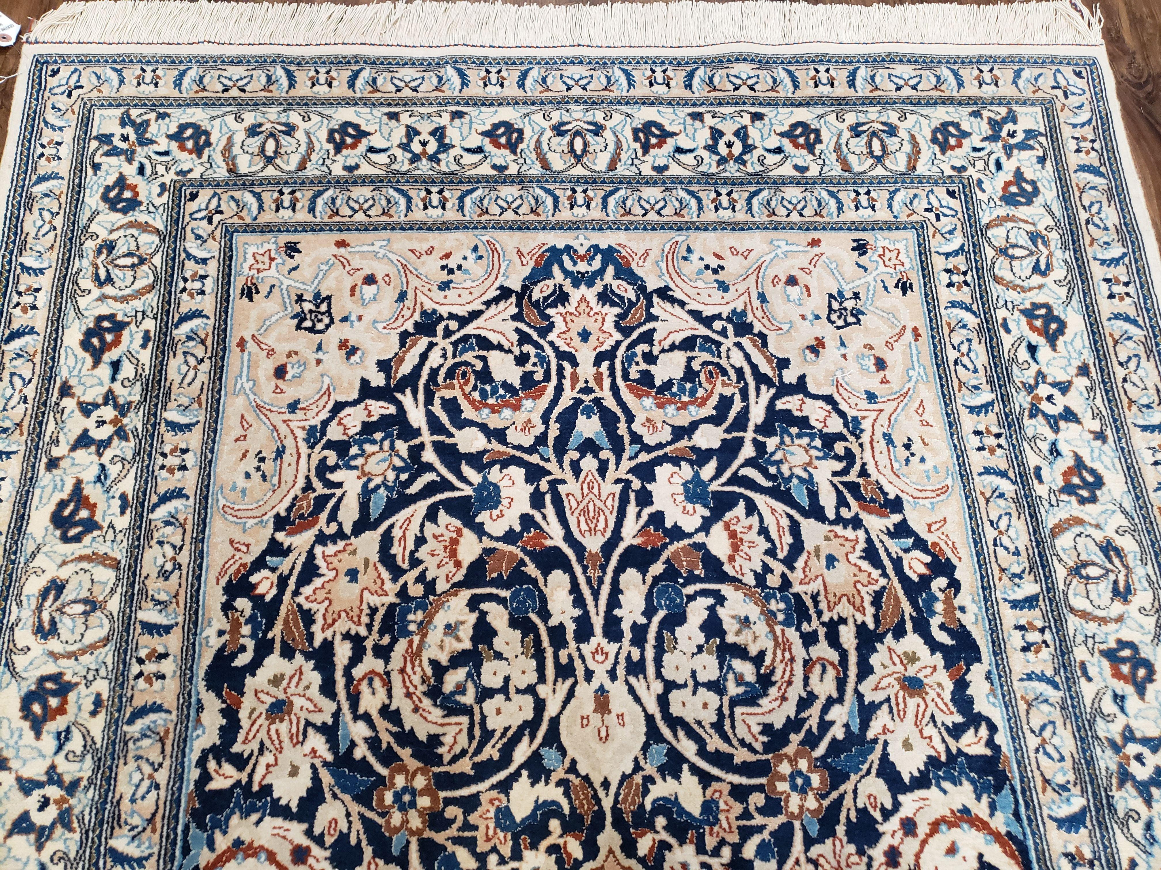 Semi Antique Fine Persian Nain Rug, Ivory & Blue, Wool with Silk Accents, 3'9" x 6'2"