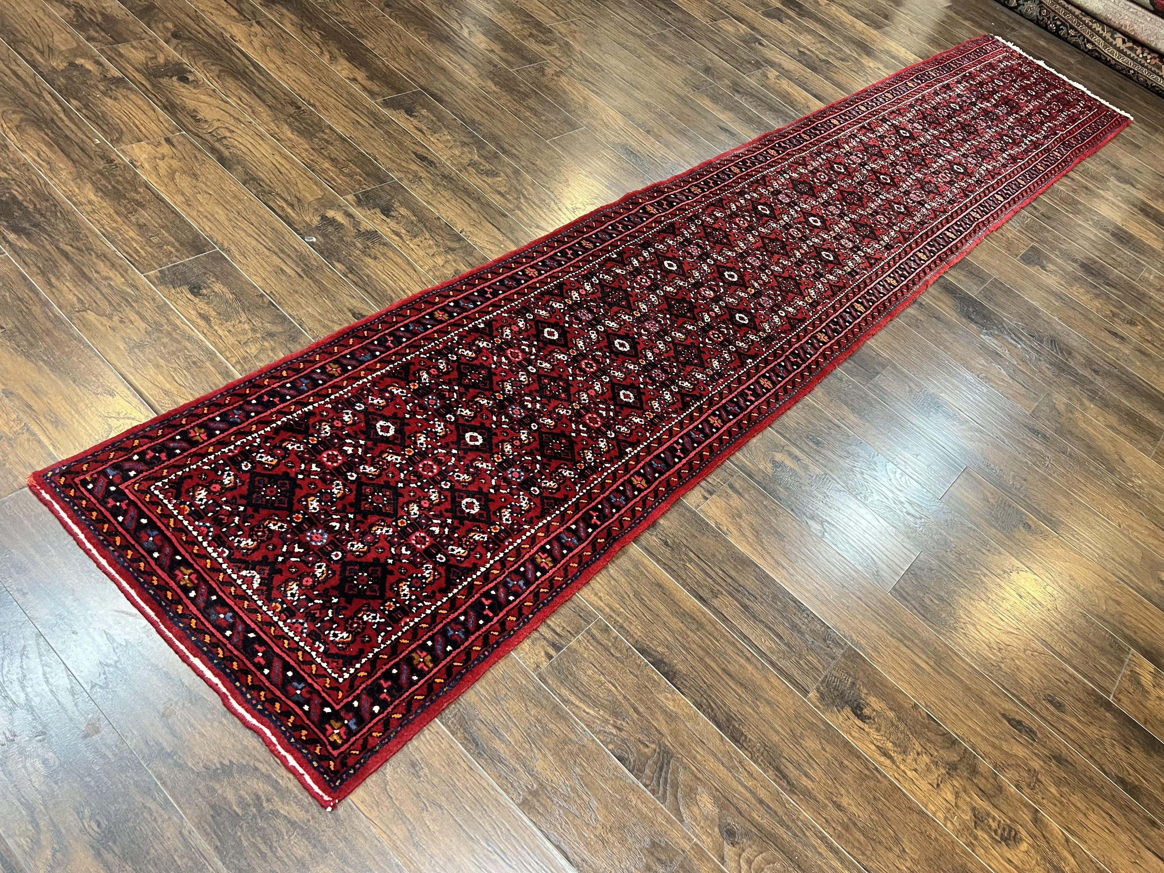 Persian Runner Rug 3 x 16, Wool Handmade Long Antique Hamadan Oriental Rug for Hallway, Red Tribal Rug, Allover Pattern, 3x16 Runner Rug