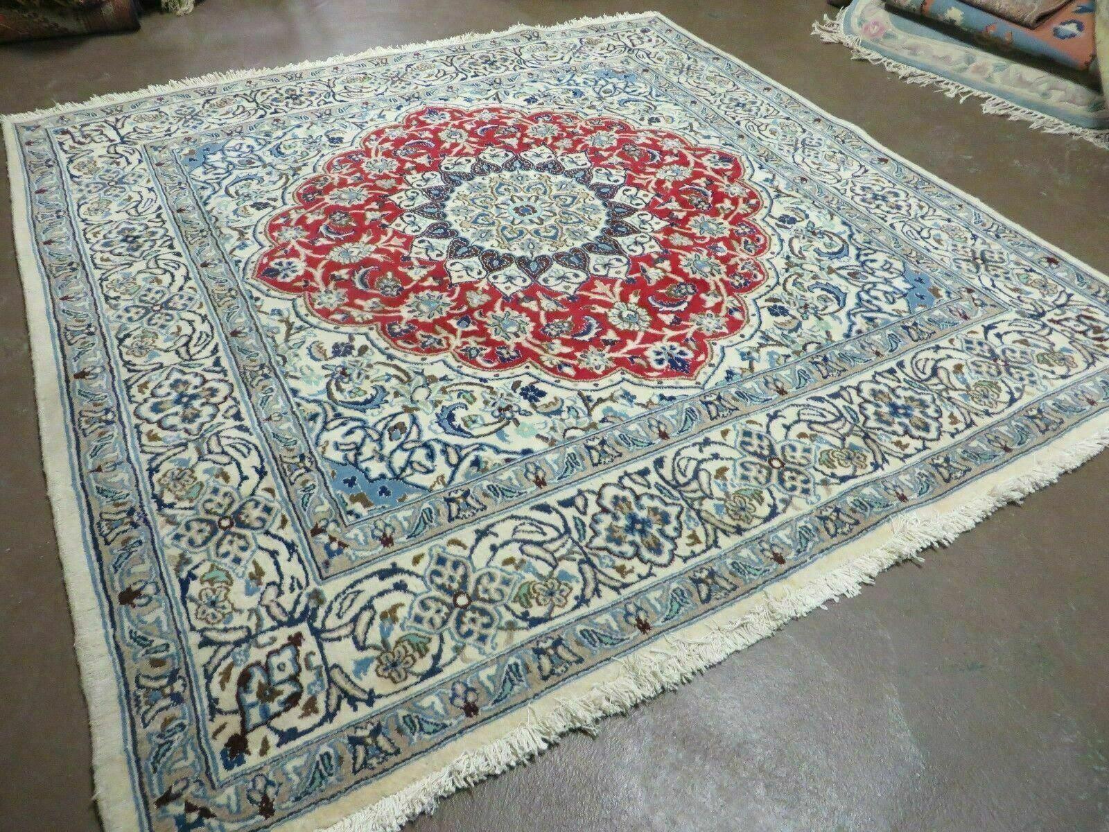 Square Persian Nain Rug 6'3" x 6' 8", Hand-Knotted, Wool with Silk Accents, Ivory Red Blue