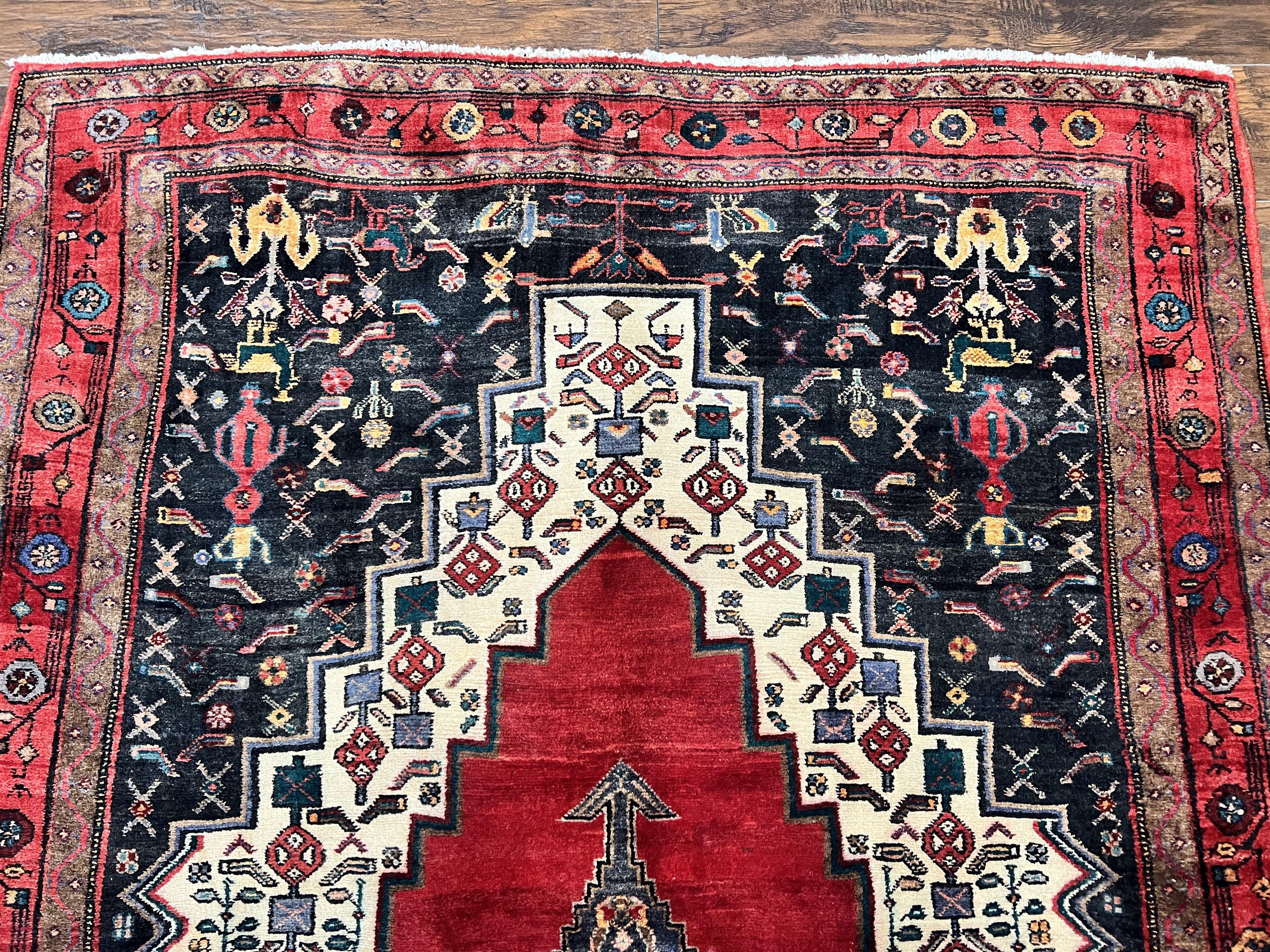 Persian Rug 5x12 ft, Red Cream Navy Blue, Pictorials, Hand Knotted Handmade Wide Runner Tribal Bidjar Semi Antique Wool Geometric Oriental Rug
