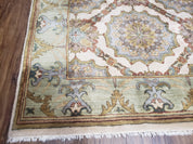 Indo Sultanabad Area Rug 8 x 9.5, Wool Hand-Knotted Ivory Green Teal Decorative Rug, Floral Panel Carpet, Indian Rug, 8 x 10 Bedroom Rug