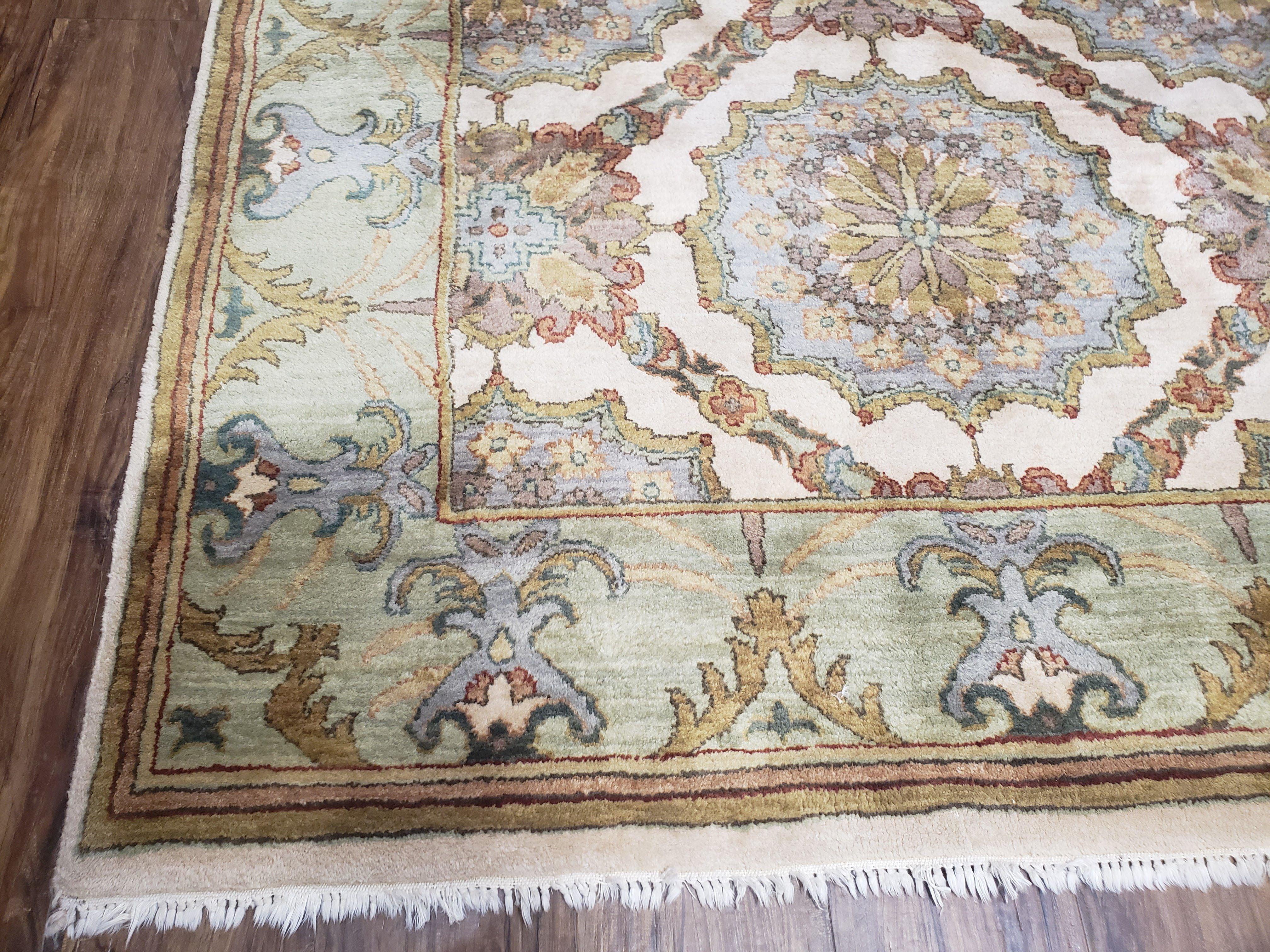 Indo Sultanabad Area Rug 8 x 9.5, Wool Hand-Knotted Ivory Green Teal Decorative Rug, Floral Panel Carpet, Indian Rug, 8 x 10 Bedroom Rug