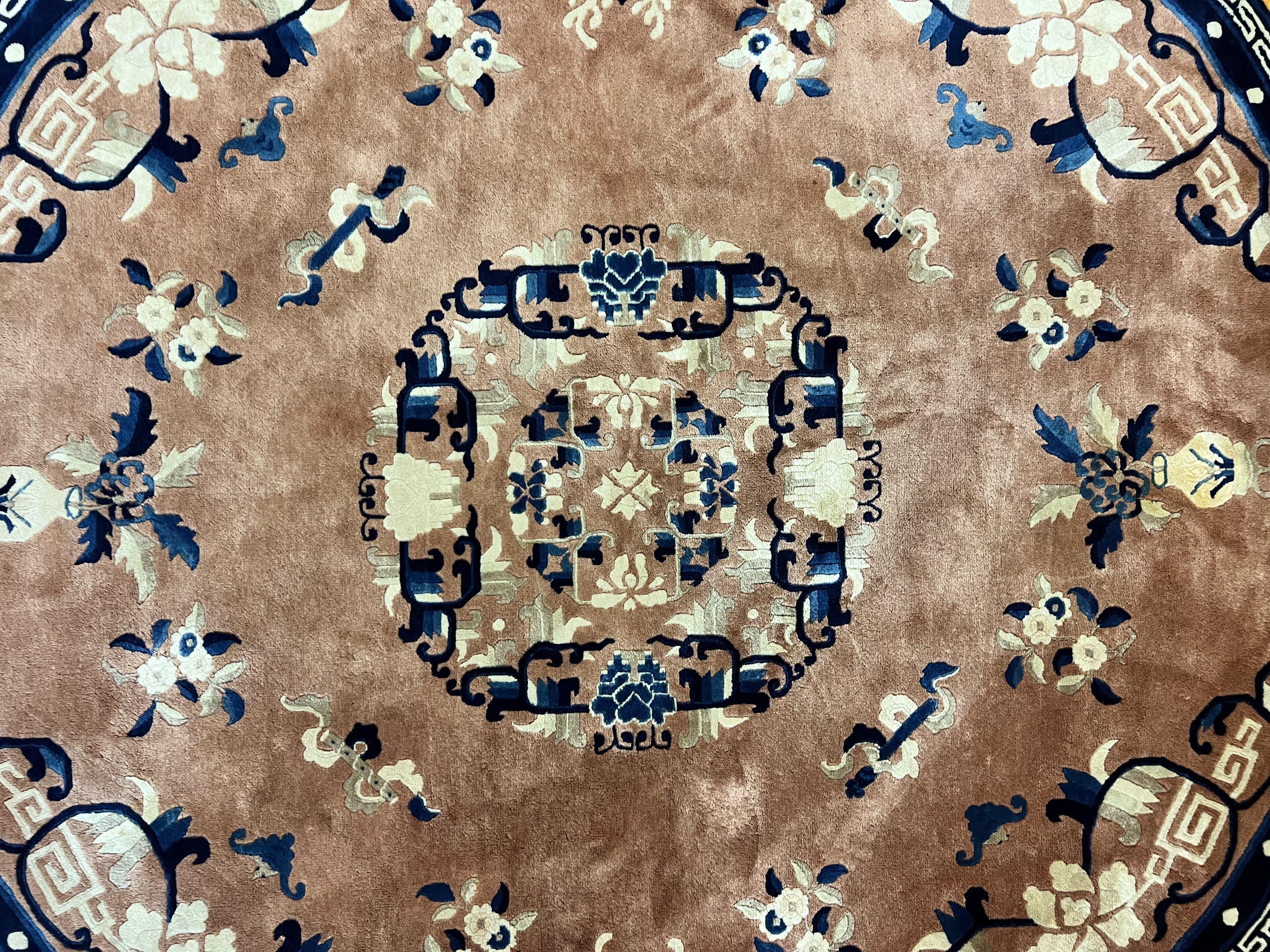 Antique Round Chinese Wool Rug 8x8, Chinese Peking Carpet, Asian Oriental Carpet 8 x 8 ft, Chinese Art Deco Rug, Nichols Rug