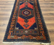 Persian Rug 3x6, Geometric Medallion, Village Tribal Rug, Terracotta and Navy Blue, Antique Nahavand Hamadan Rug