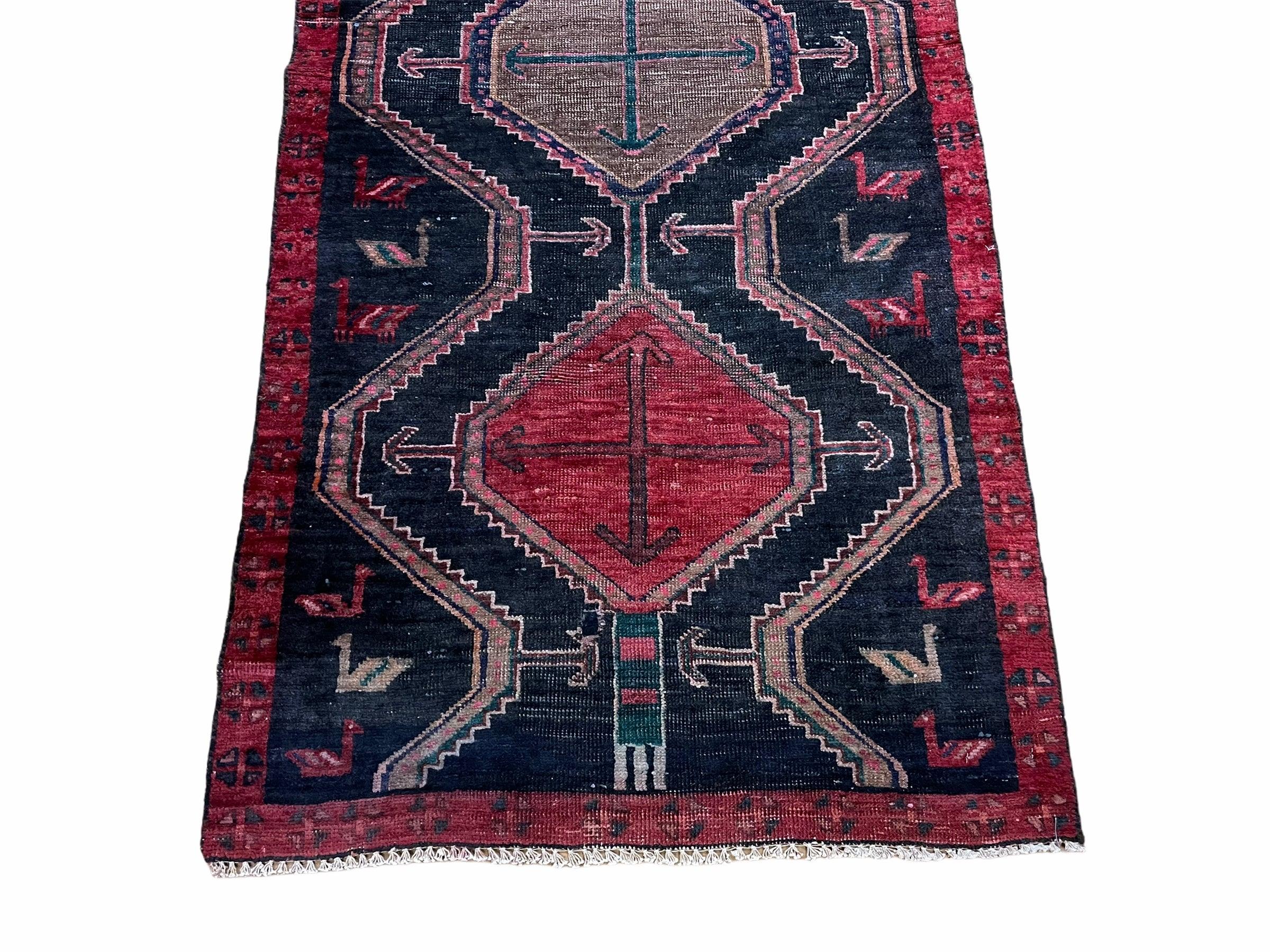 3 X 7 Handmade Wool Tribal Runner Rug Geometric Red Blue Boho Organic Dyes