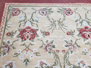 Needlepoint Rug 10x14 Wool Flatweave Carpet, English Floral Pattern, Pale Yellow, Roses, Allover Pattern, Handmade Large Needlepoint Nice