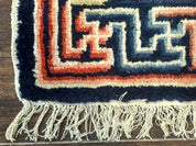 Small Antique Chinese Rug 2x2, Red Blue Square Rug Mat, Handmade, Tibetan Rug