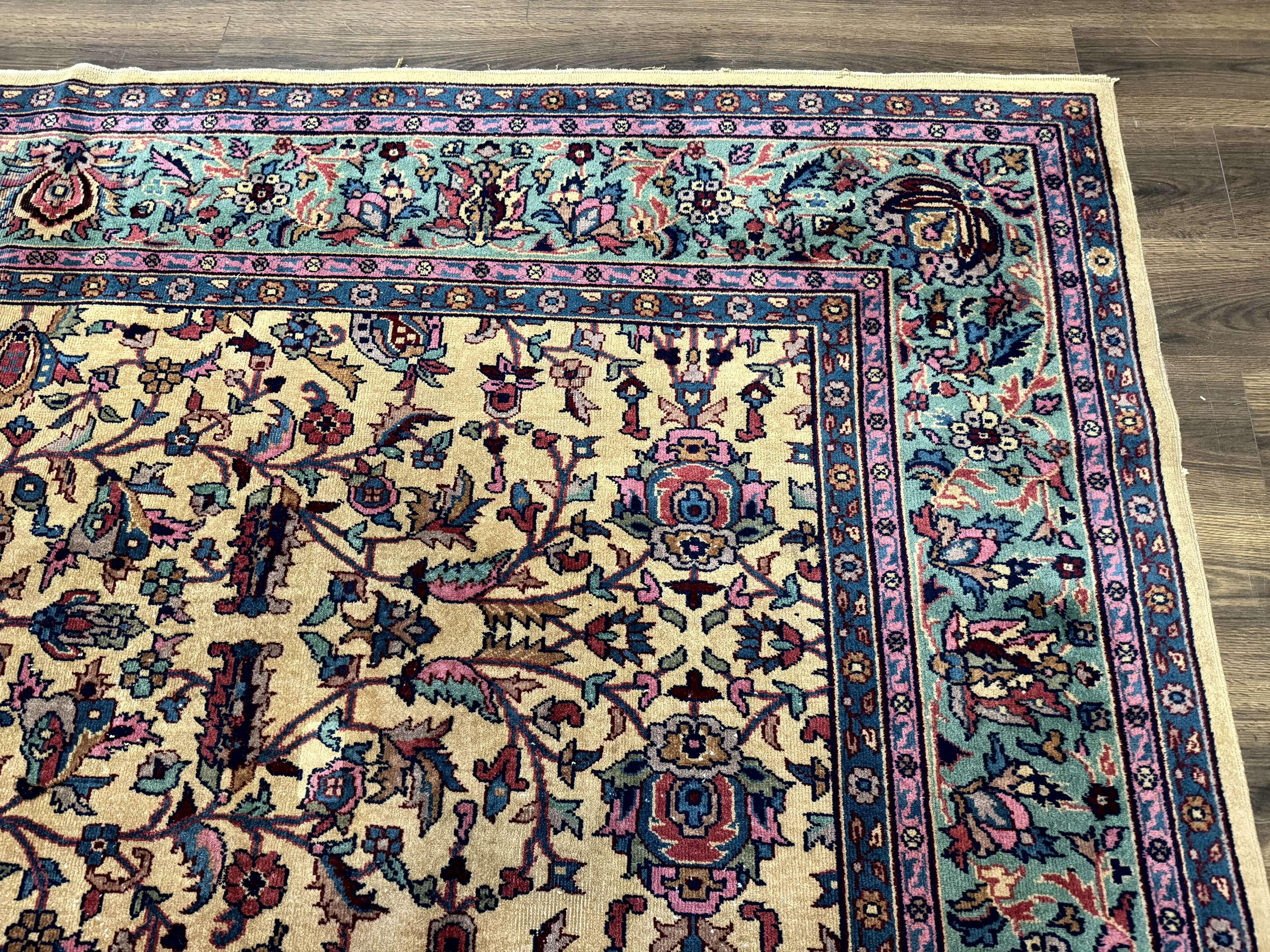 Antique Persian Rug 10x15, Camel and Cyan, Allover Pattern, Rare, Samarkand Rug