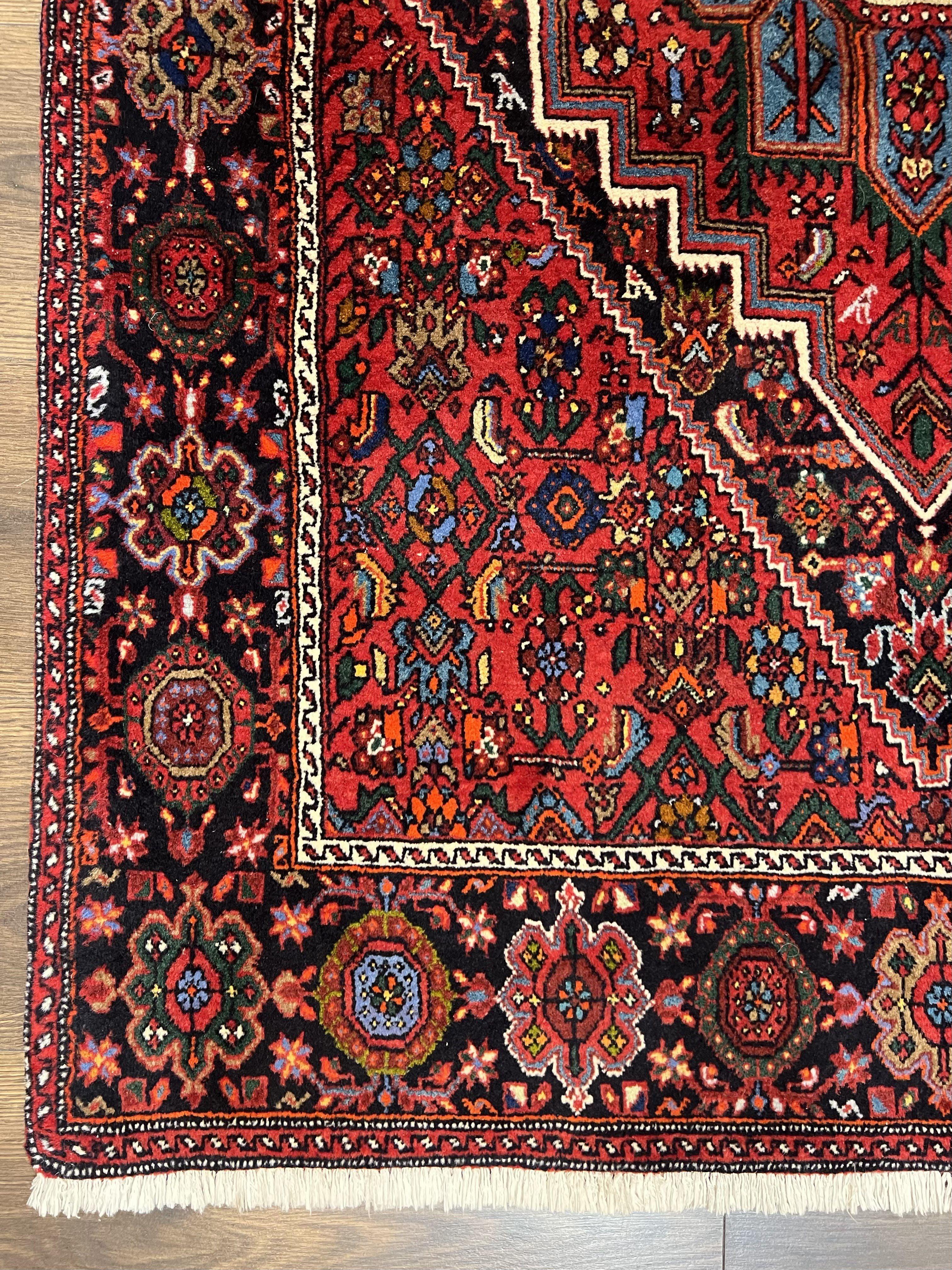 Fine Persian Bidjar Rug 3x5 ft, Ruby Red and Black, Geometric Medallion, Hand Knotted Semi Antique Oriental Bijar Carpet, Wool Area Rug, Tribal Rug