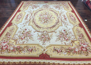 Aubusson Rug 9x12, Elegant Flatweave Savonnerie Carpet 9 x 12 ft, Ivory Light Yellow Red, Handmade Wool Flatweave French European Rug